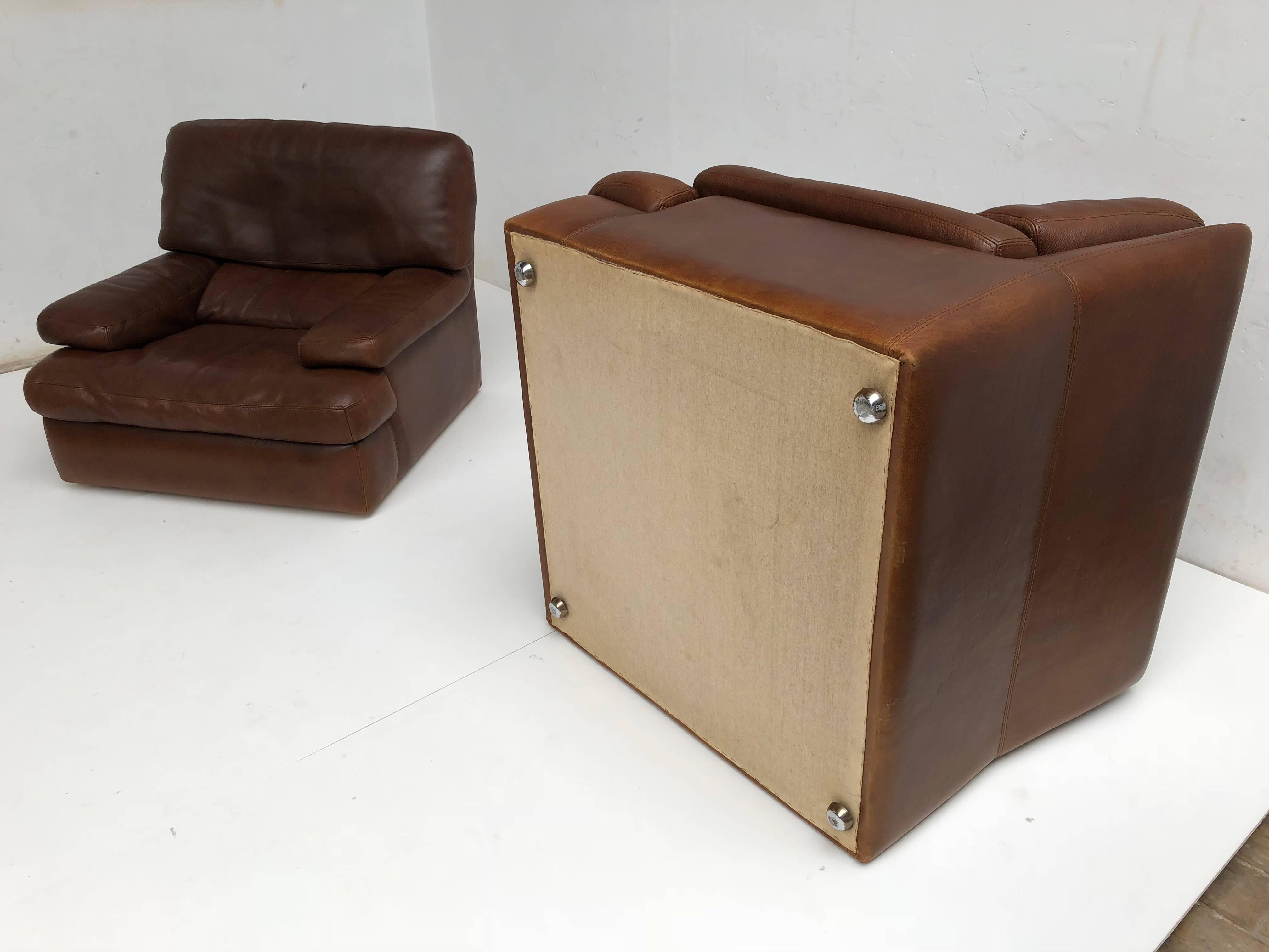 Pair of Chocolate Brown Vintage Leather Roche Bobois Lounge Chairs, 1970s In Good Condition In bergen op zoom, NL