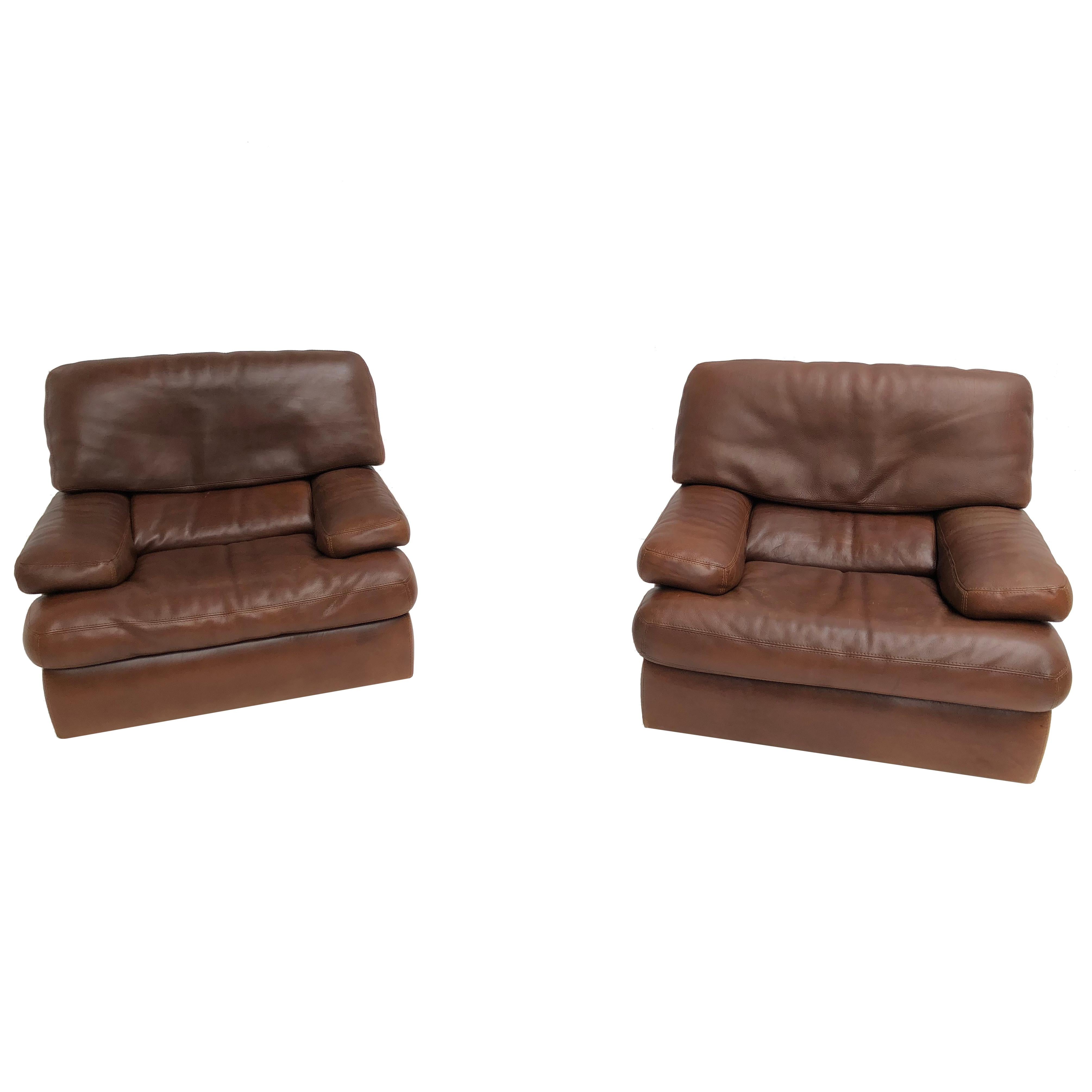 Pair of Chocolate Brown Vintage Leather Roche Bobois Lounge Chairs, 1970s