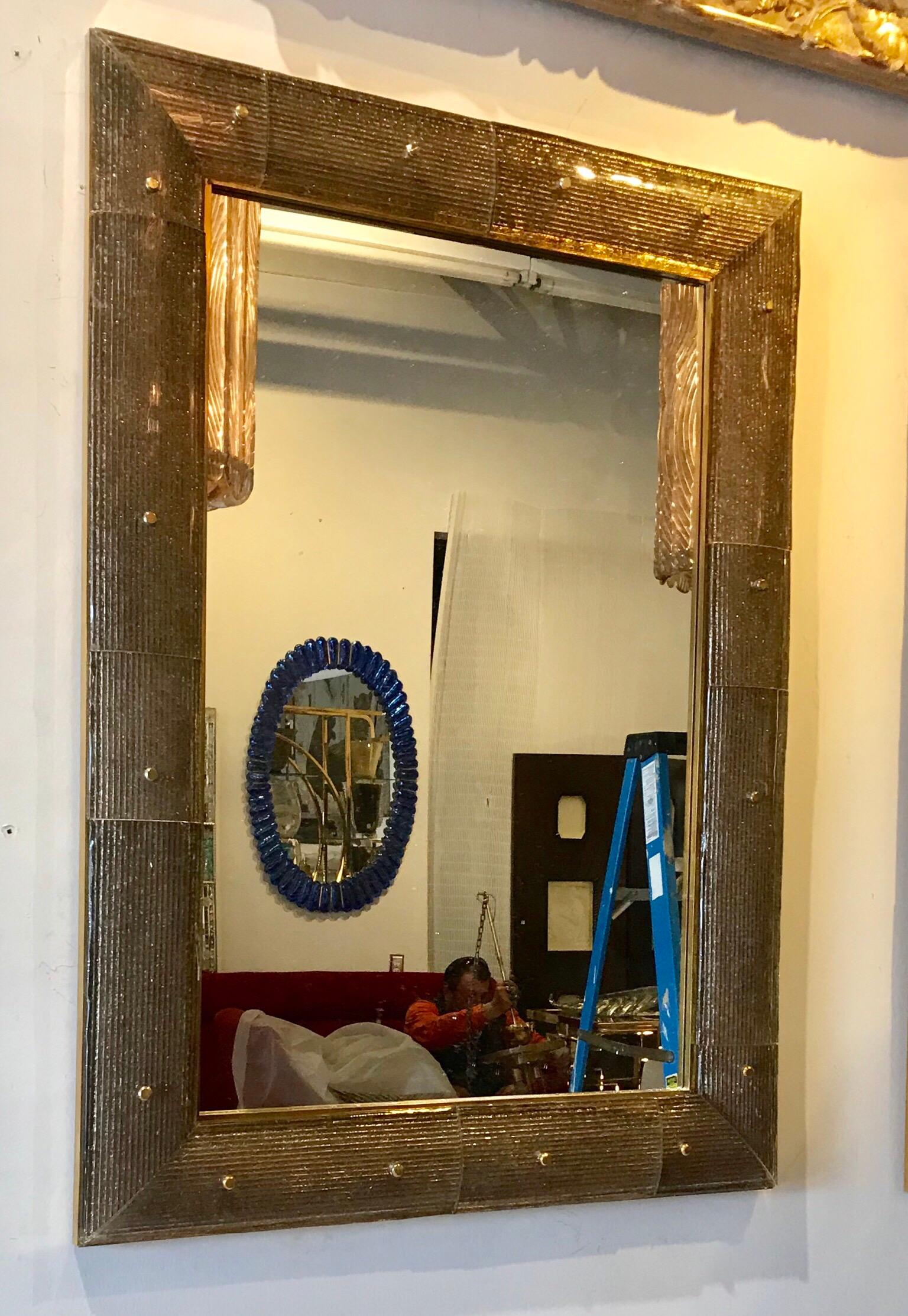 Modern Pair of Large Murano Glass and Brass Mirrors For Sale
