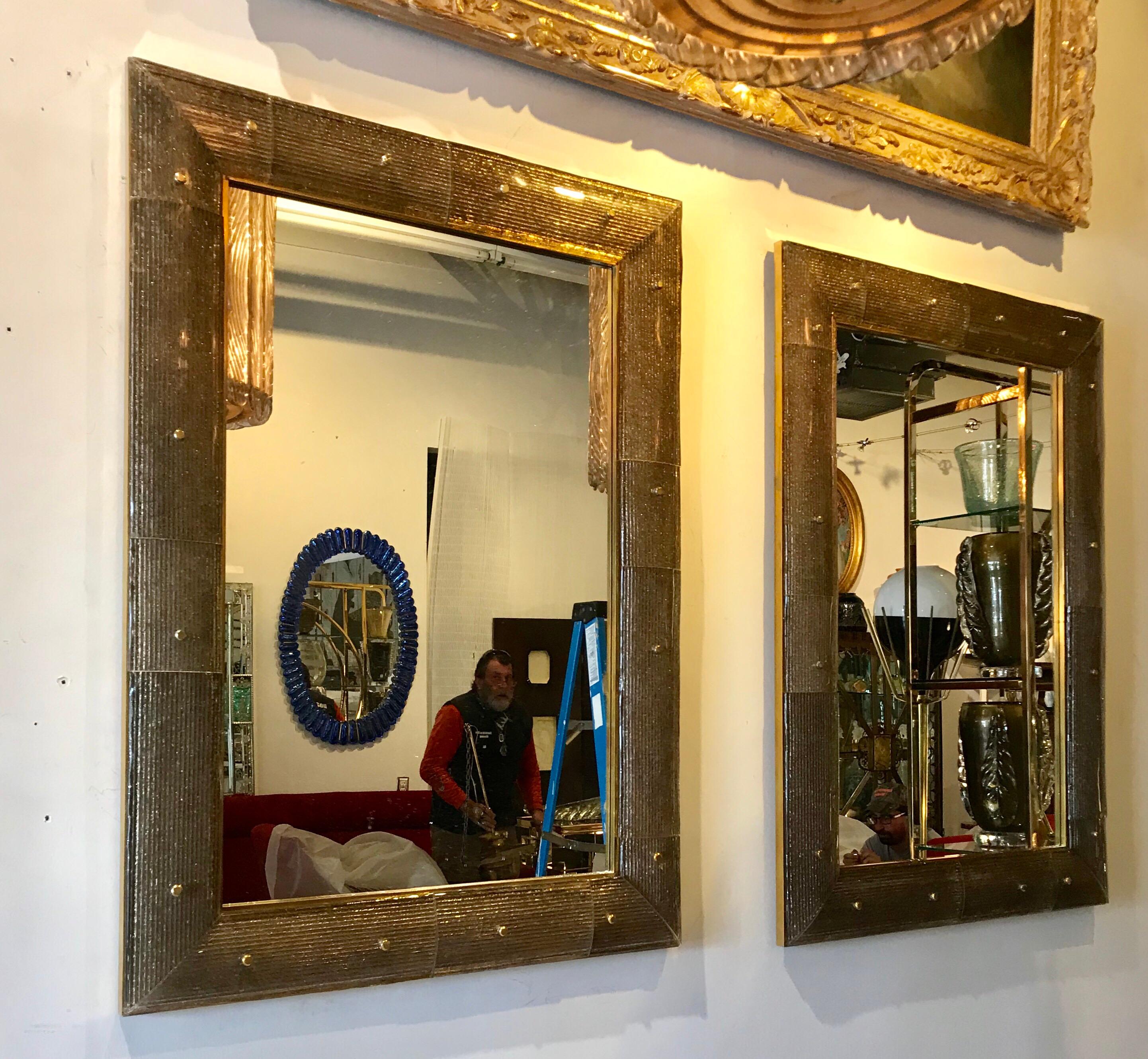 Pair of Large Murano Glass and Brass Mirrors In Good Condition In Miami, FL