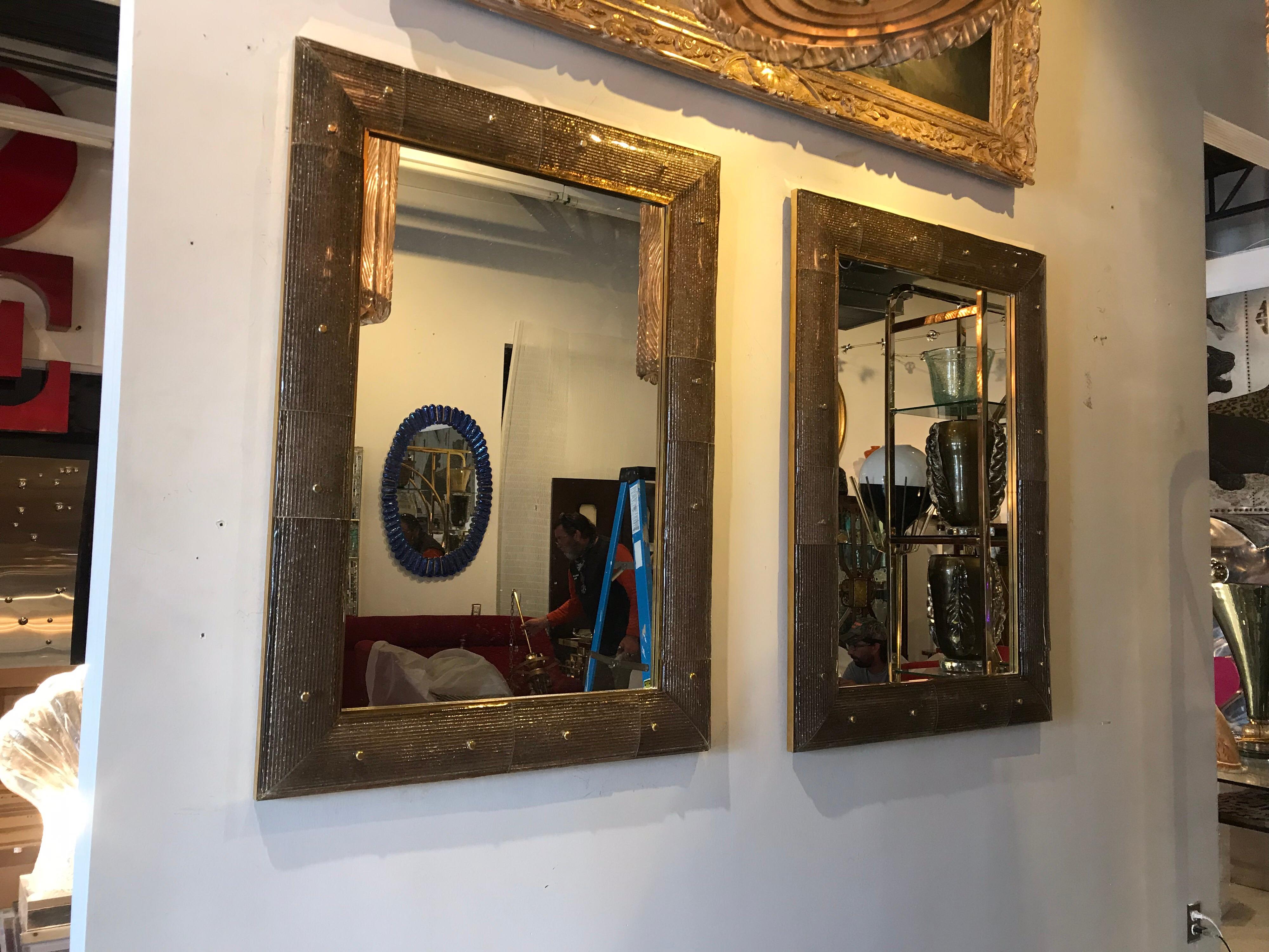 Pair of Large Murano Glass and Brass Mirrors 1
