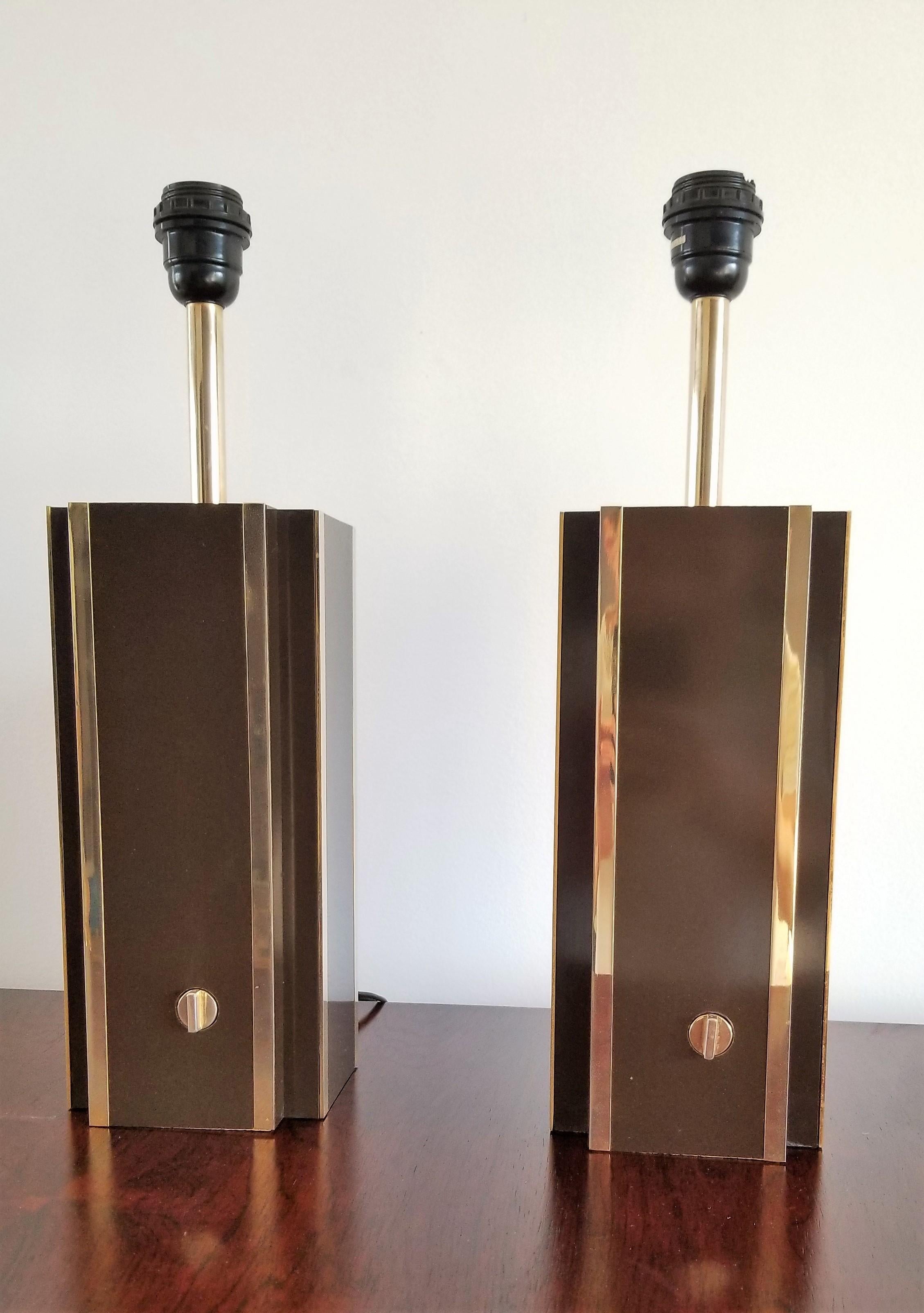 Pair of Chocolate Laminate Table Lamps with Brass Accents, France, 1970s 1