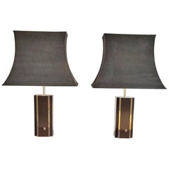 Pair of Chocolate Laminate Table Lamps with Brass Accents, France, 1970s
