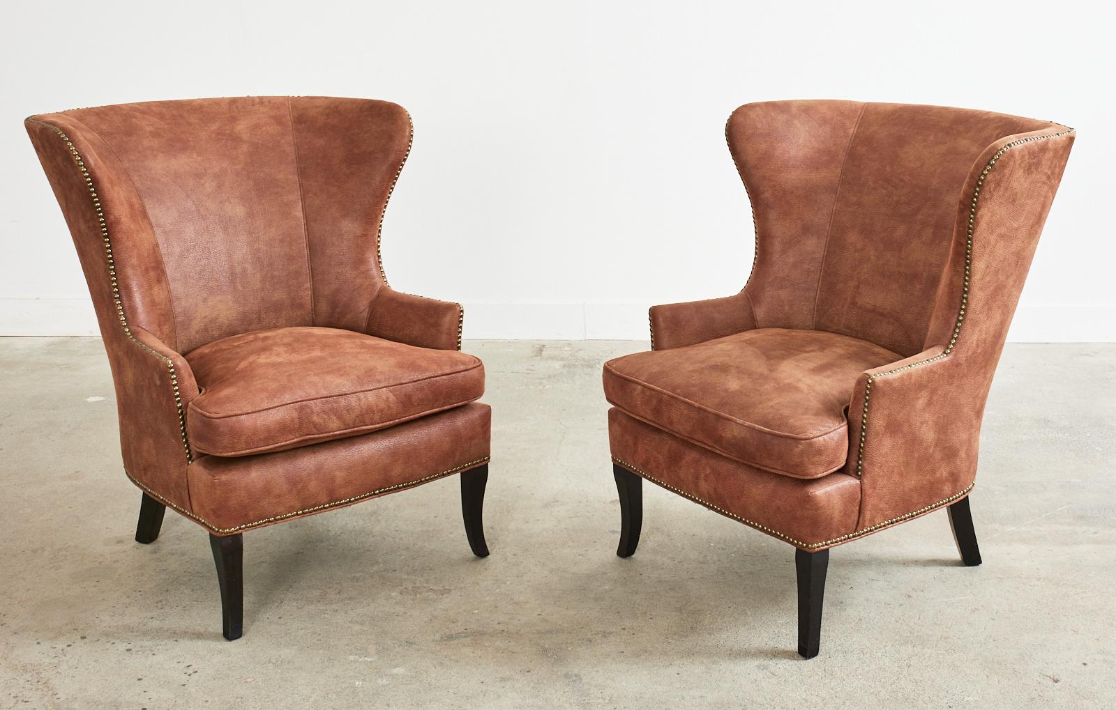 Ebonized Pair of Christian Audigier Modern Faux Leather Wingback Chairs