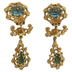 Pair of Christian Lacroix Earrings Gold Metal Rhinestones Shell Haute Couture