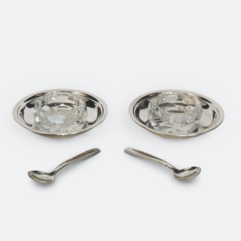 Mid-Century Modern Pair of Christofle Silver and Crystal Condiment Dishes or Salt Cellars