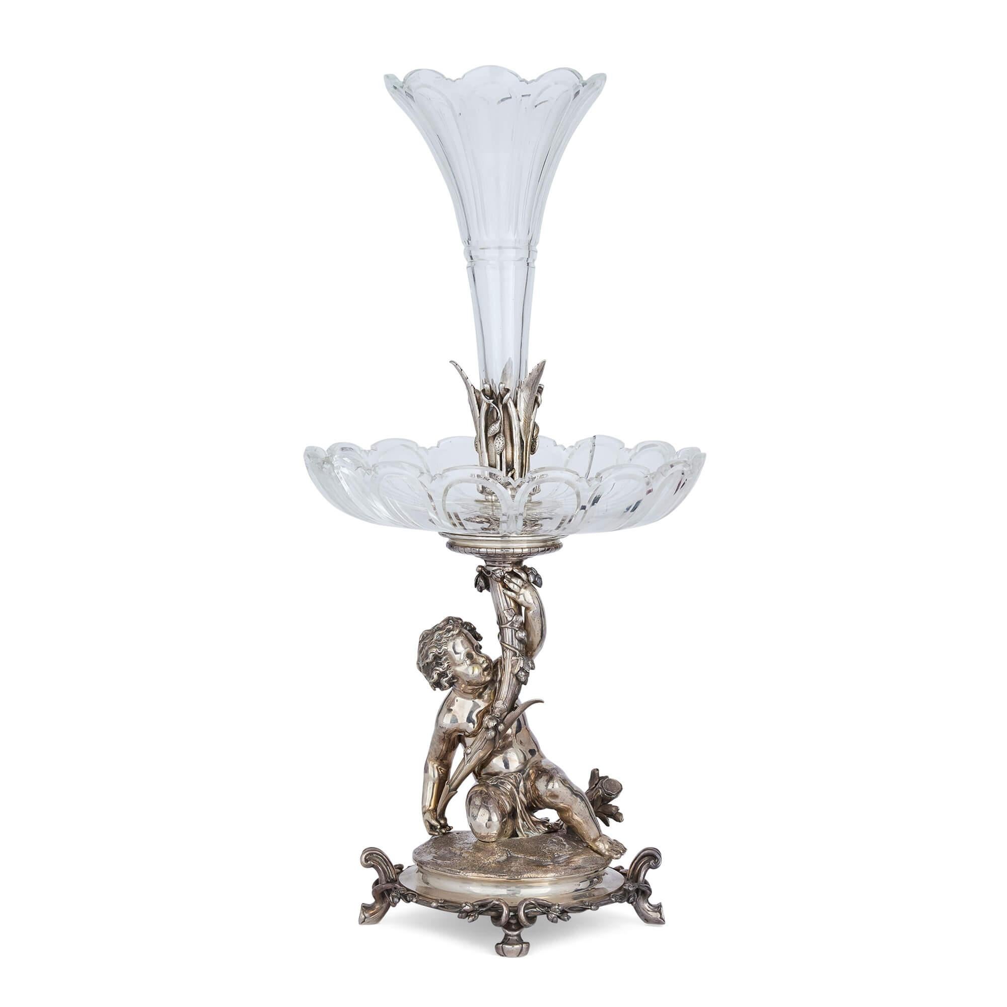 Pair of Christofle silvered bronze and cut-glass epergnes
French, 19th Century 
Height 61cm, diameter 28cm

This exquisite decorative pair is by the French firm Christofle. Founded in 1830, the silverware manufactory is notable for introducing the