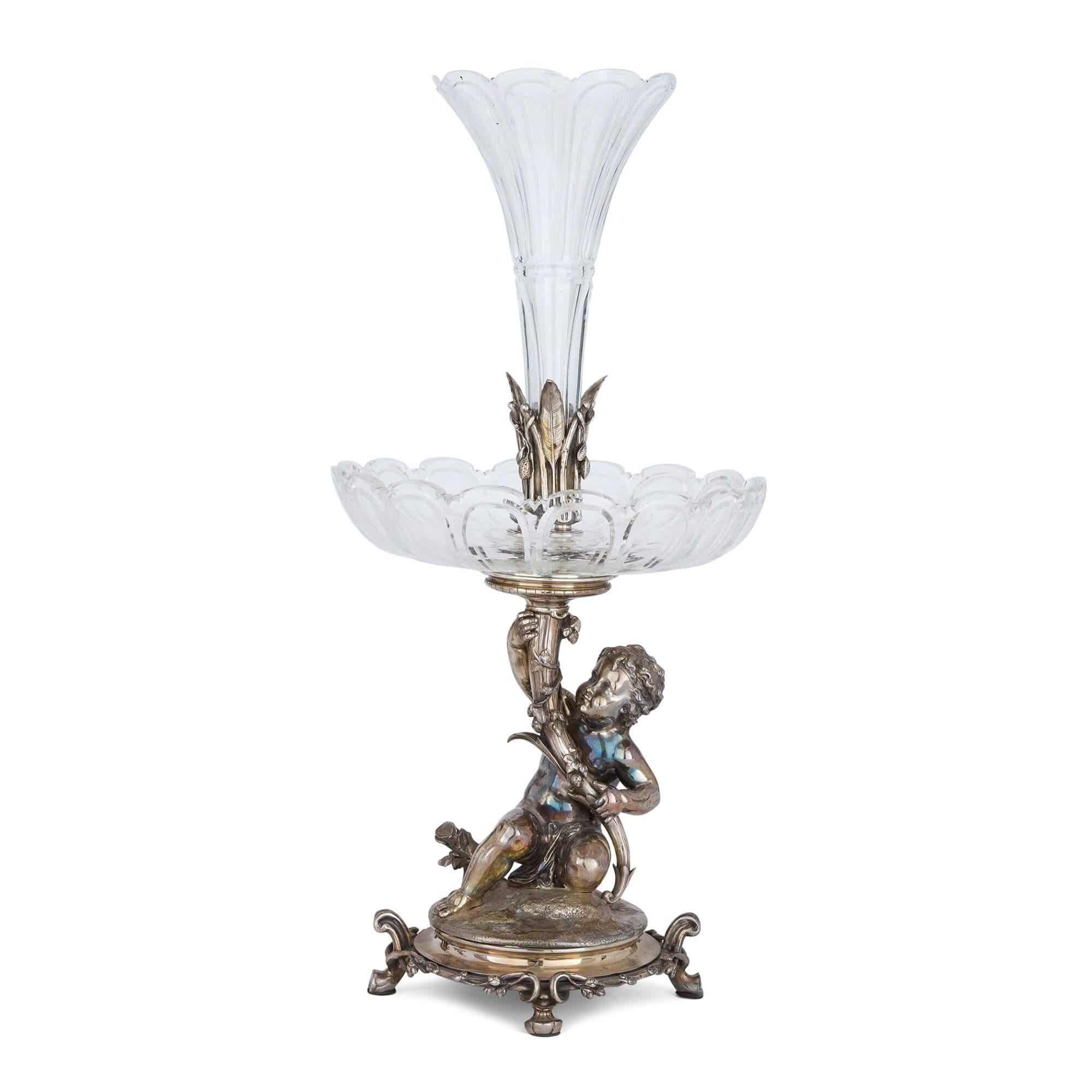 Rococo Pair of Christofle Silvered Bronze and Cut-Glass Epergnes For Sale
