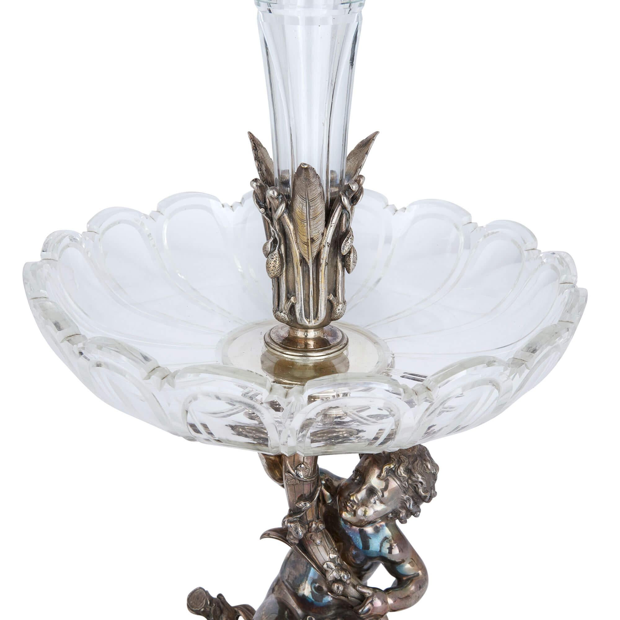 French Pair of Christofle Silvered Bronze and Cut-Glass Epergnes For Sale