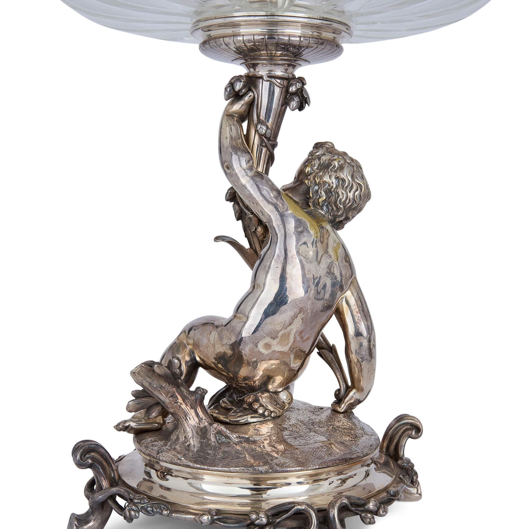 19th Century Pair of Christofle Silvered Bronze and Cut-Glass Epergnes For Sale