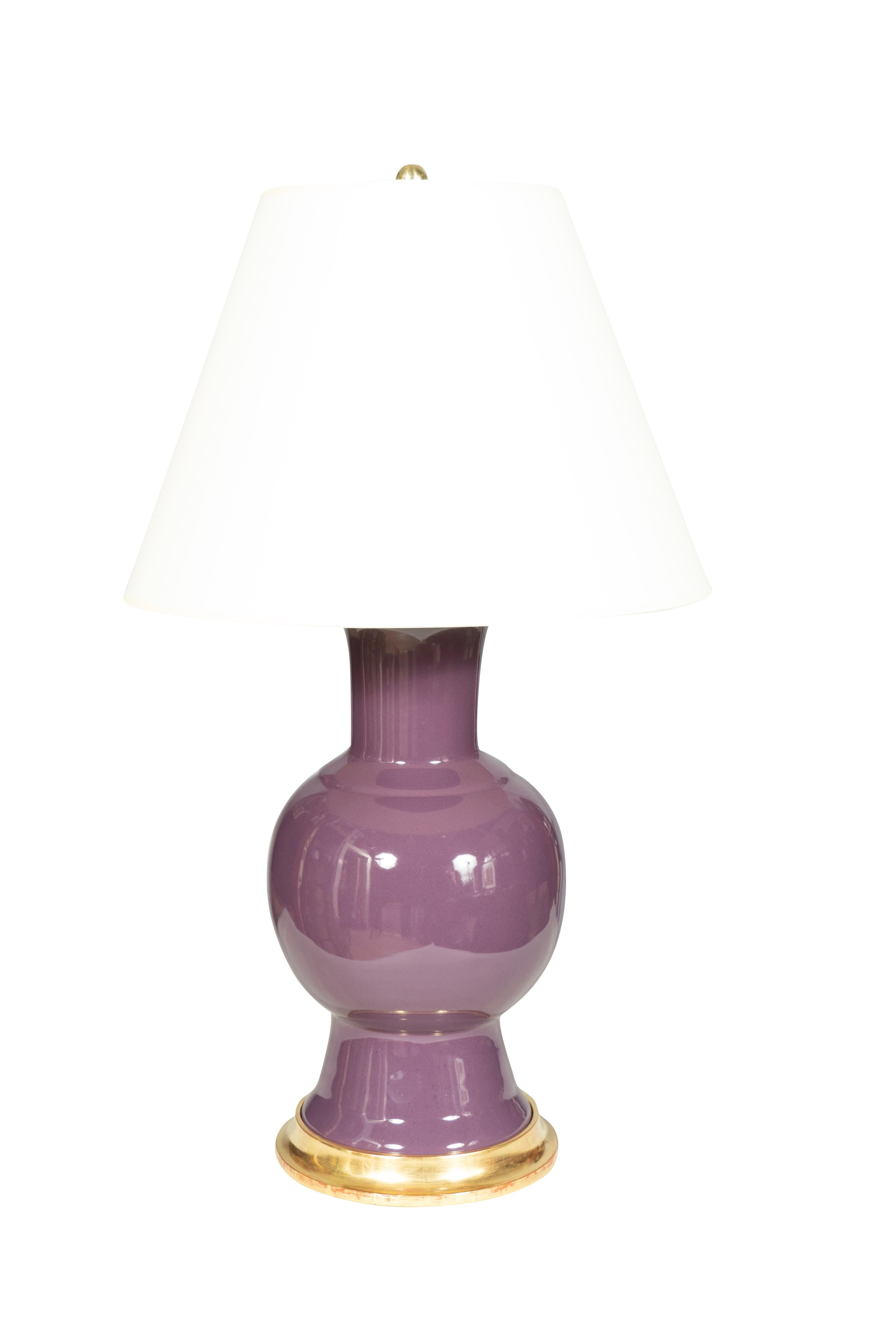 Dia w/o shade. 19 in vase itself. Purple with water gilt bases. Shades in good condition.