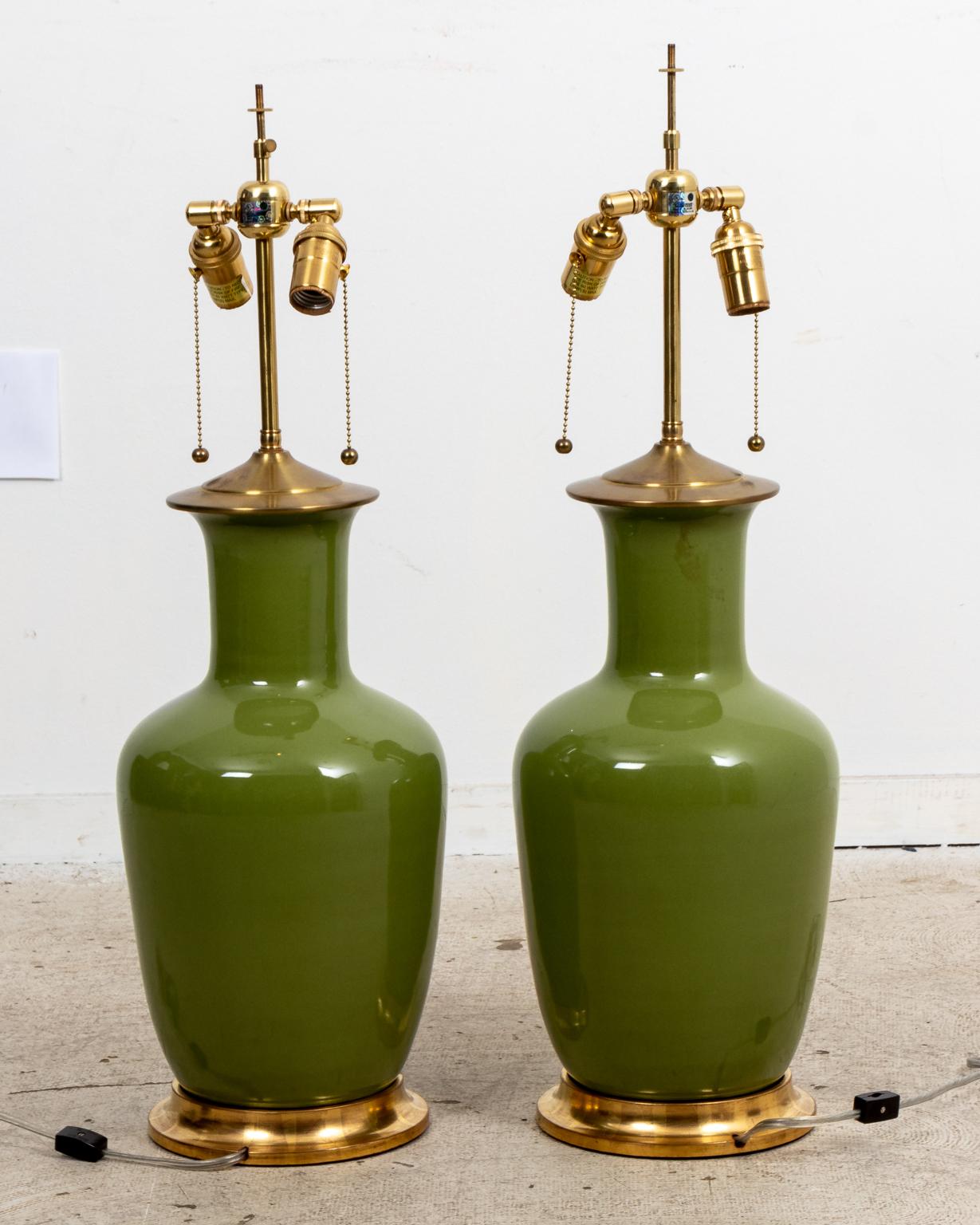 Brass Pair of Christopher Spitzmiller Green Avocado Large Lamps