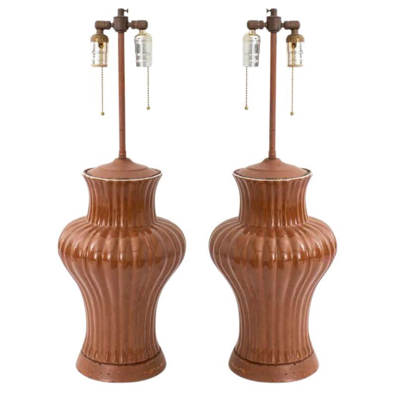 20th Century Pair of Christopher Spitzmiller Style Chocolate Brown Ceramic Lamps For Sale