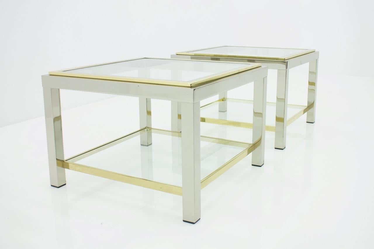 French One Side Table In Chrome Glass and Brass 1970s For Sale