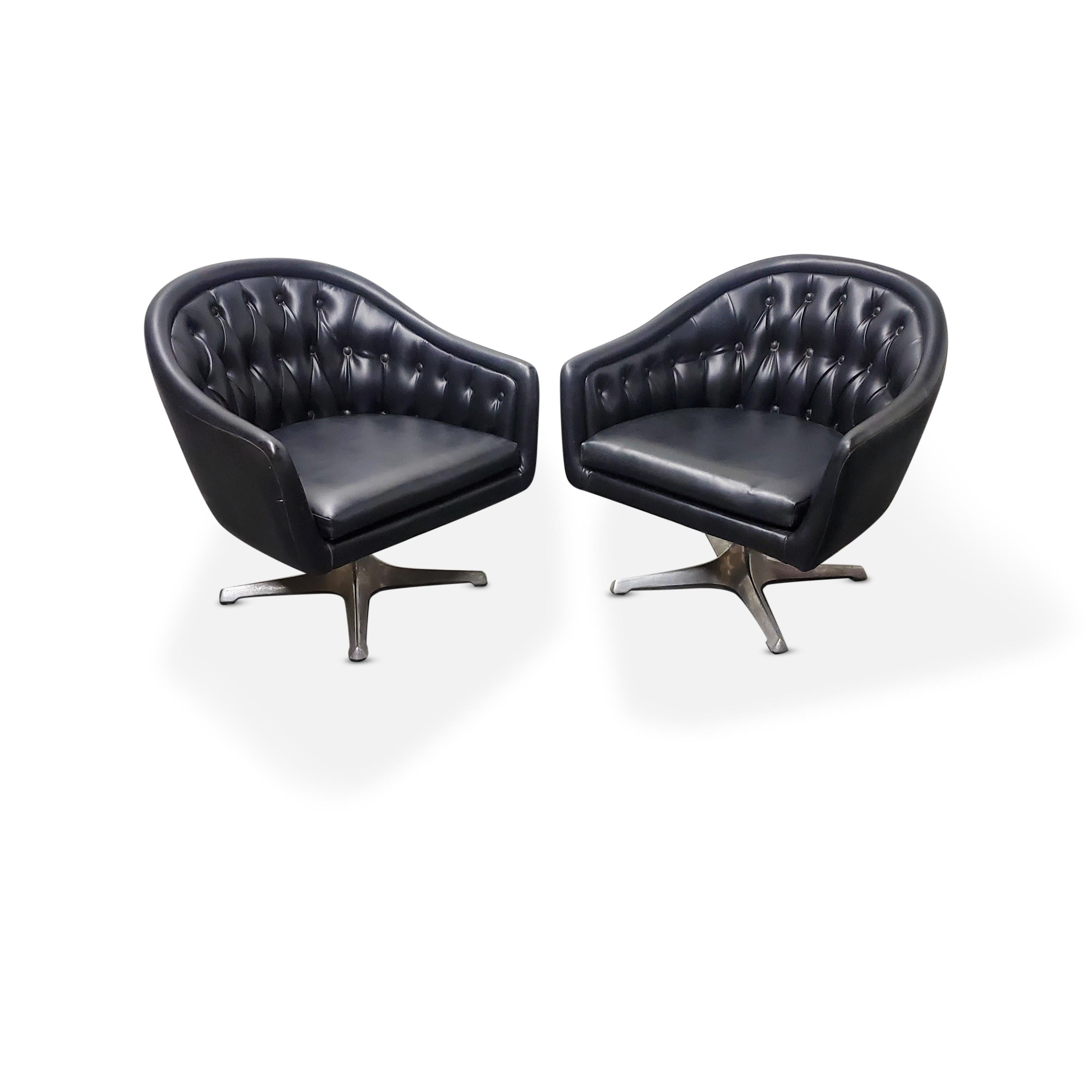 Pair of Chromcraft Black Tufted Swivel Lounge Chairs   1