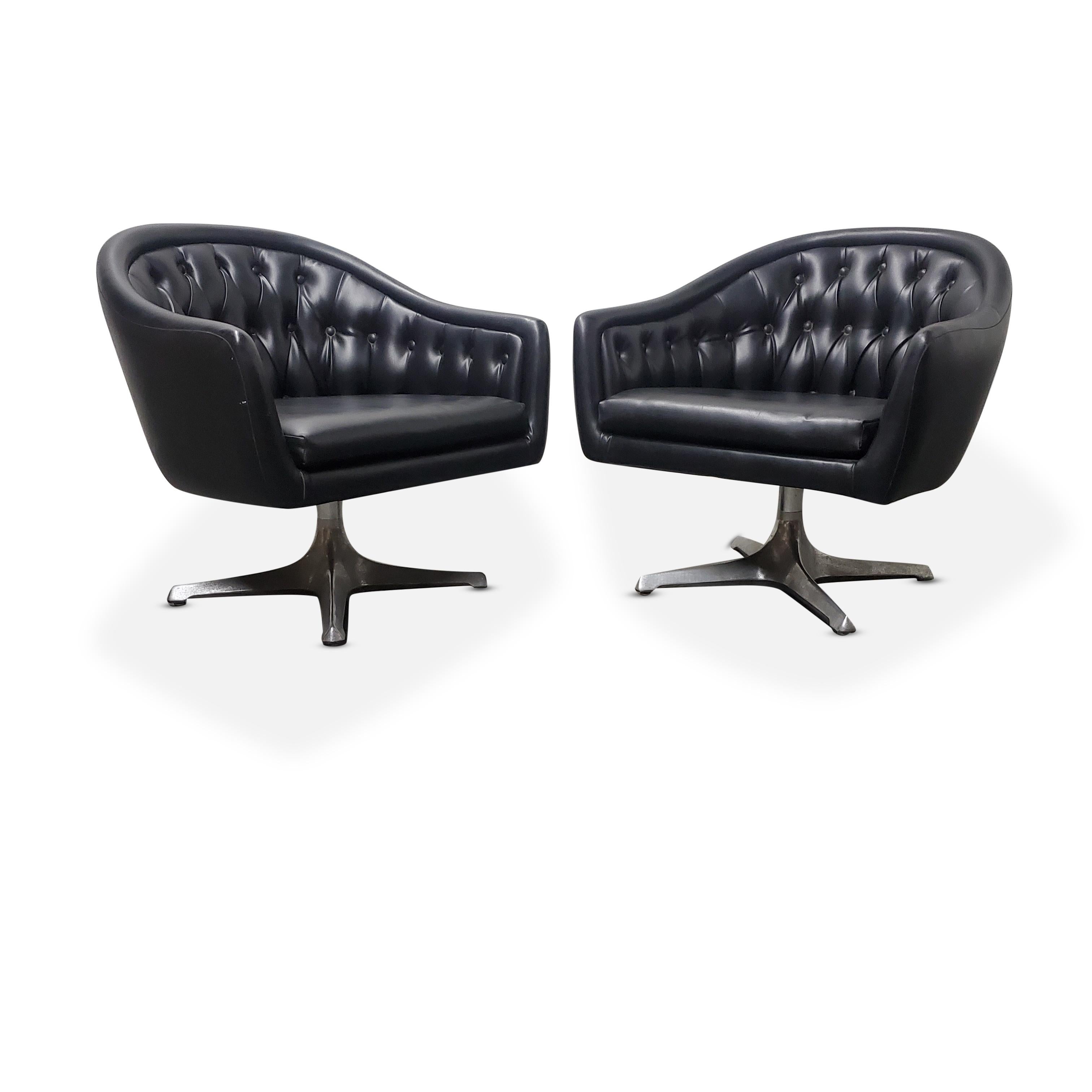 Pair of Chromcraft Black Tufted Swivel Lounge Chairs   2