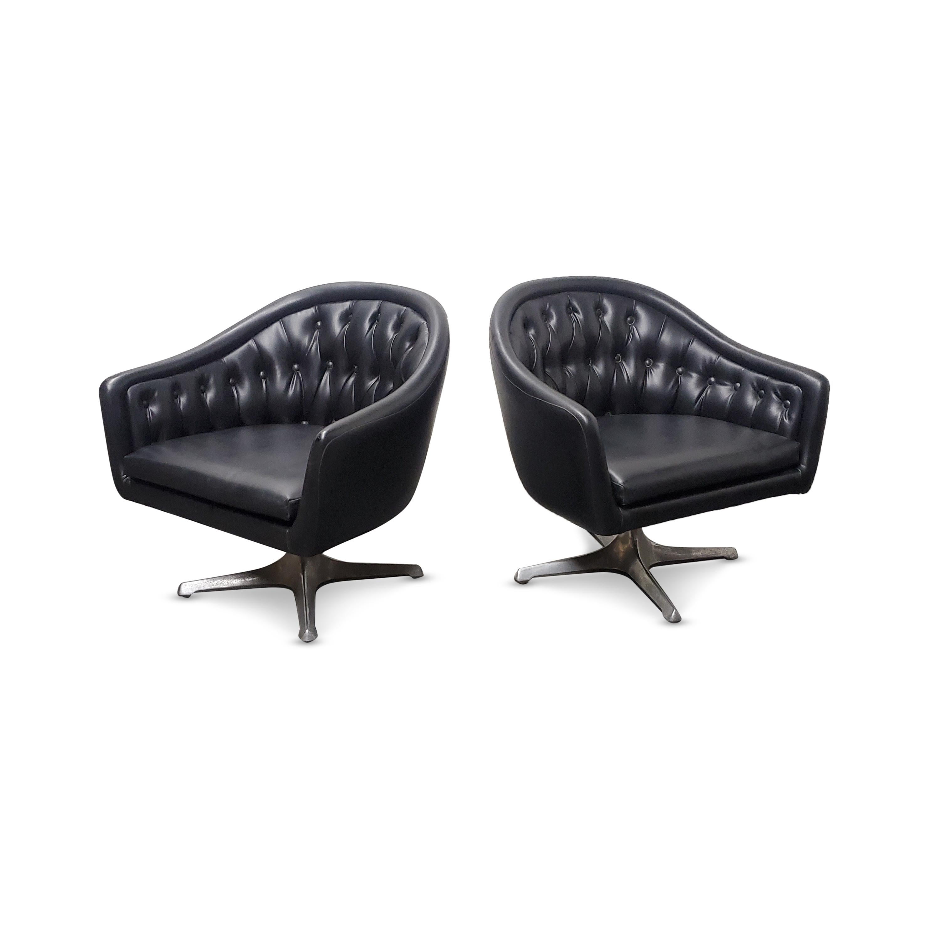 Pair of Chromcraft black tufted swivel lounge chairs 

*Depth of seating:20.75.