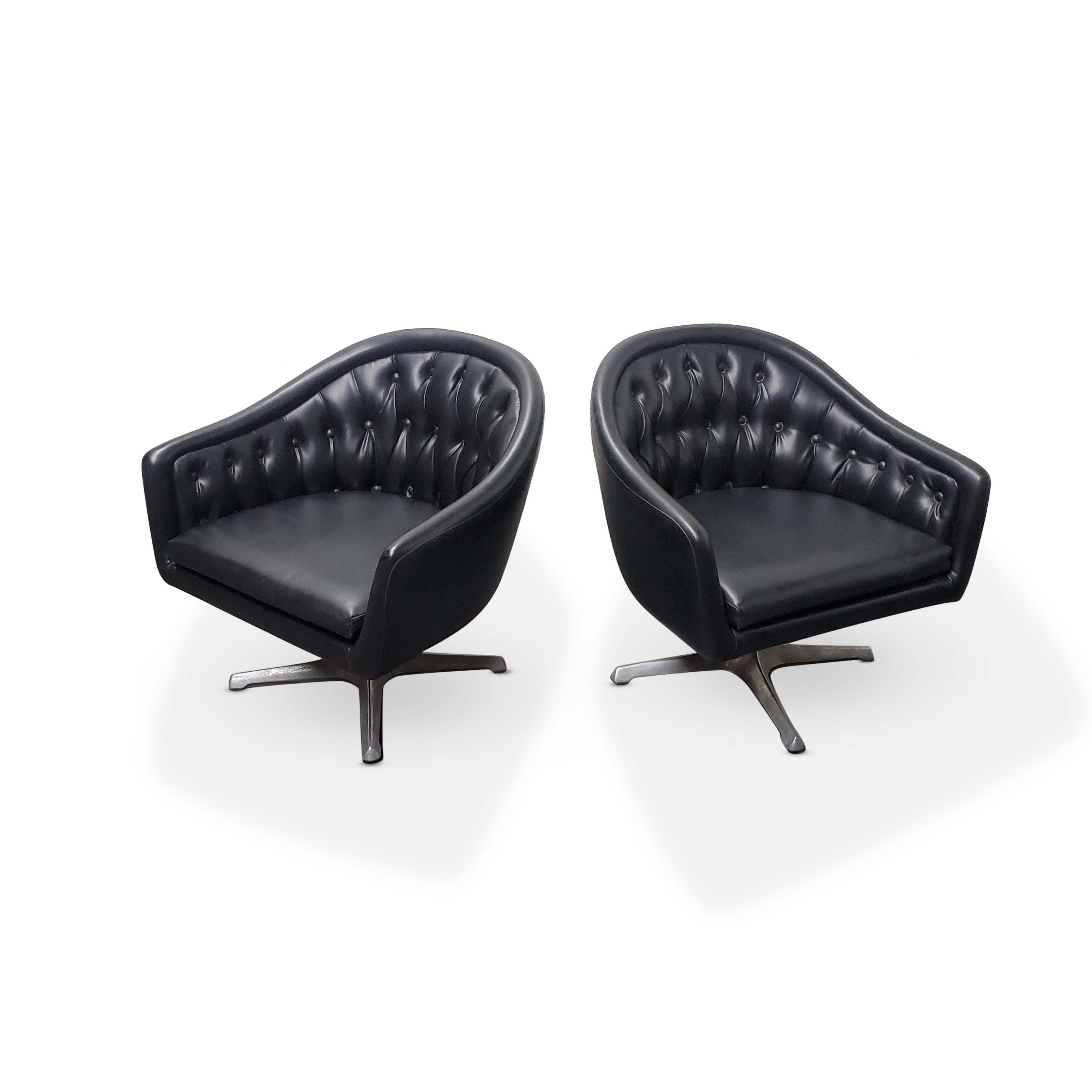 Mid-Century Modern Pair of Chromcraft Black Tufted Swivel Lounge Chairs  