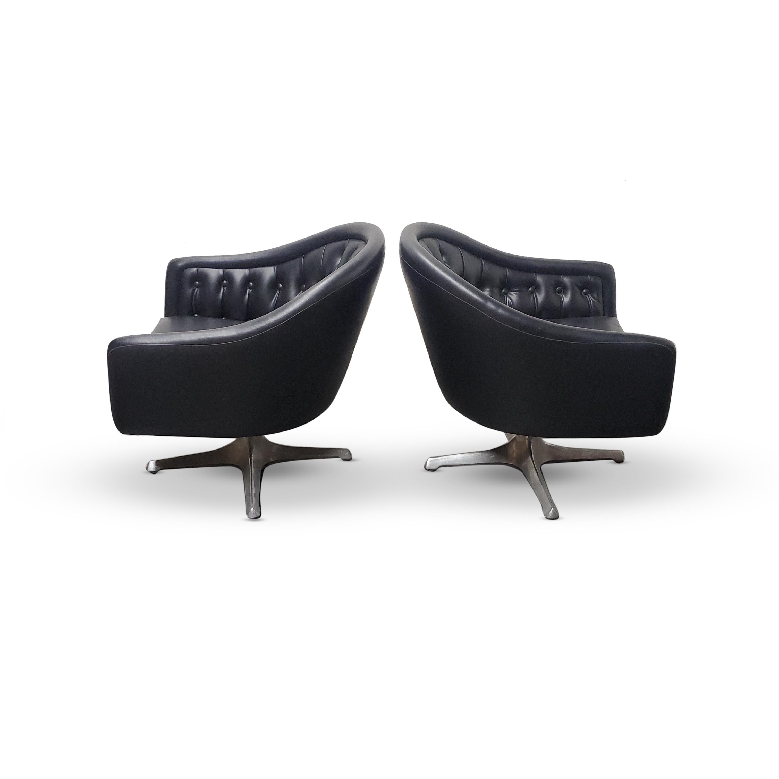 American Pair of Chromcraft Black Tufted Swivel Lounge Chairs  