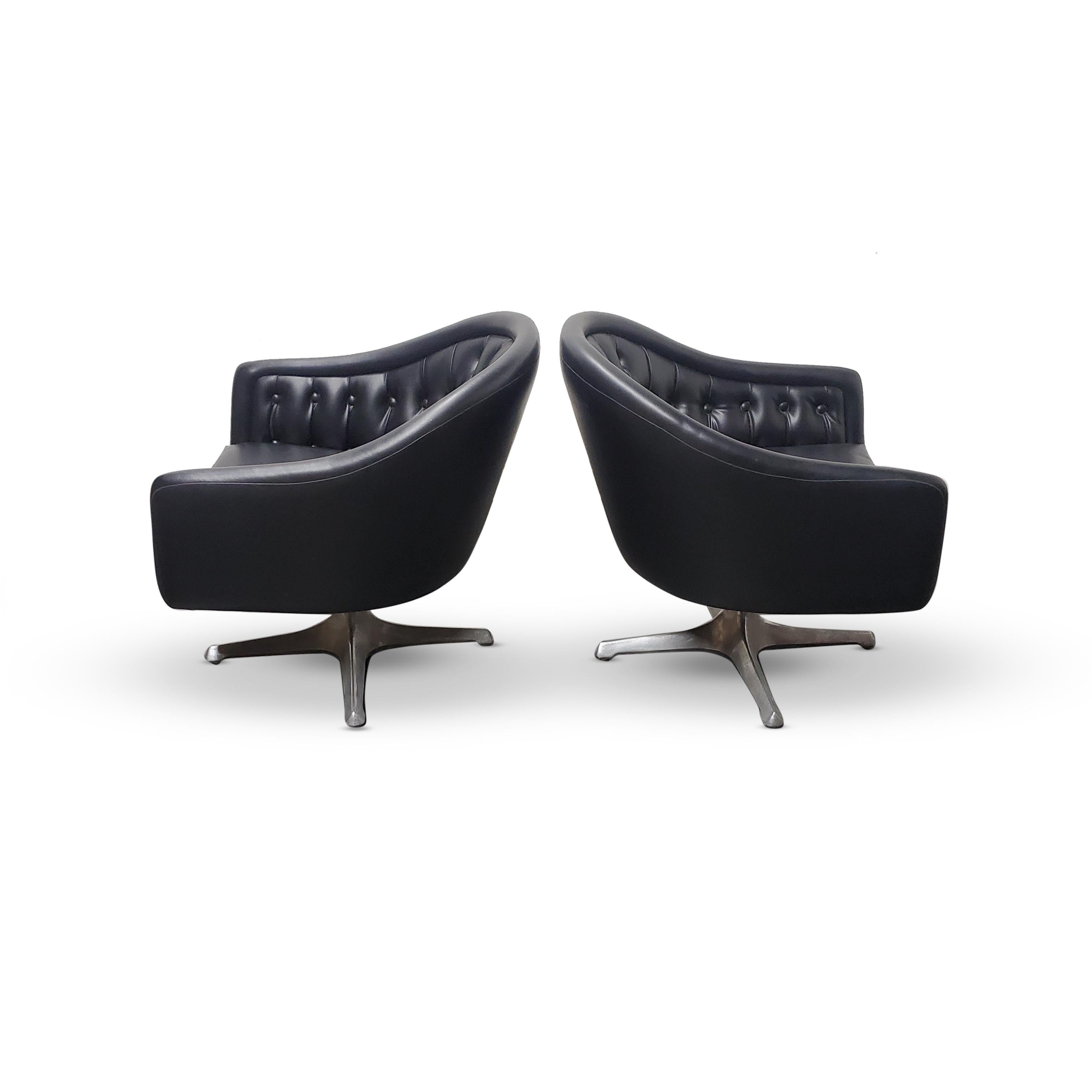 American Pair of Chromcraft Black Tufted Swivel Lounge Chairs