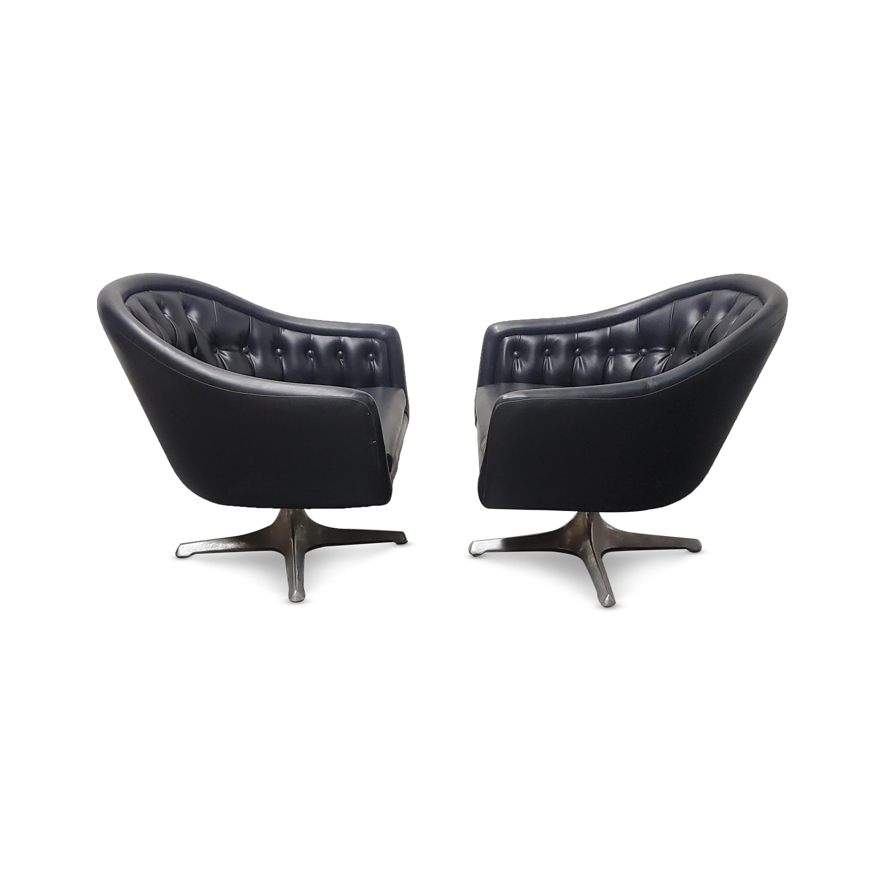 20th Century Pair of Chromcraft Black Tufted Swivel Lounge Chairs  