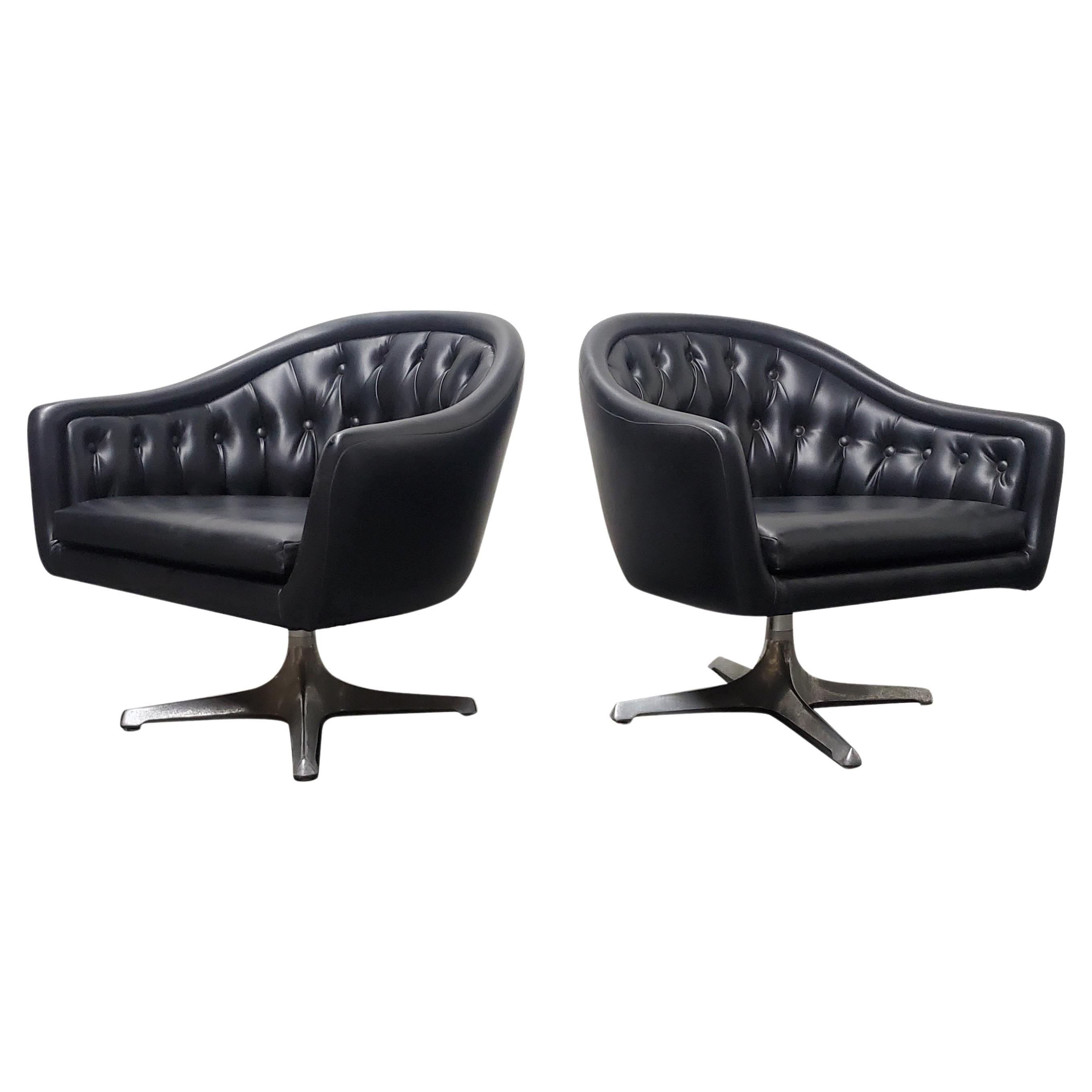 Pair of Chromcraft Black Tufted Swivel Lounge Chairs  