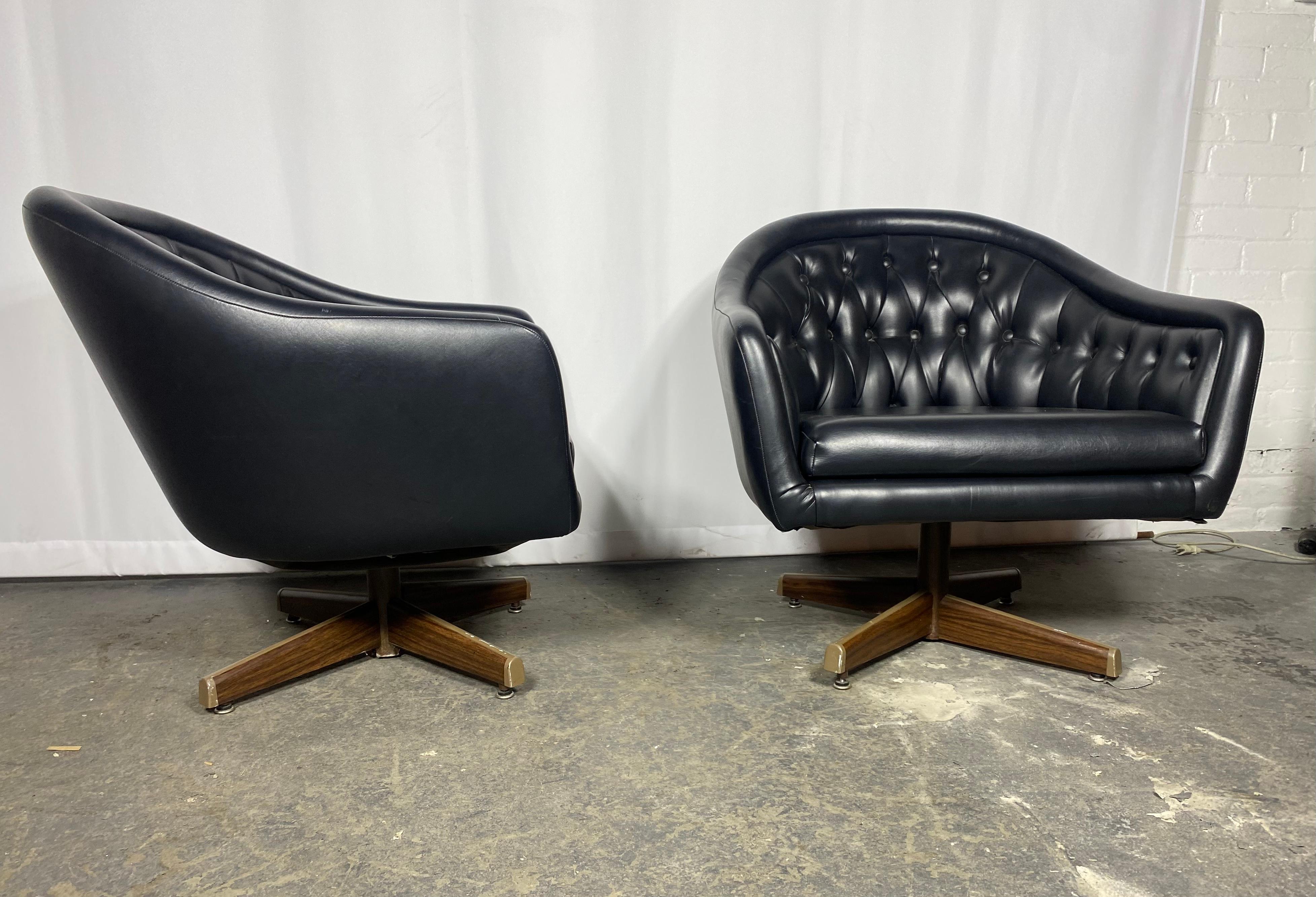 Pair of Chromcraft Black Tufted Swivel Lounge Chairs..  attrib. Ward Bennett Designs,, Extremely comfortable,, 360% swivel.. Nice original condition,, Hand delivery avail to New York City or anywhere en route from Buffalo NY