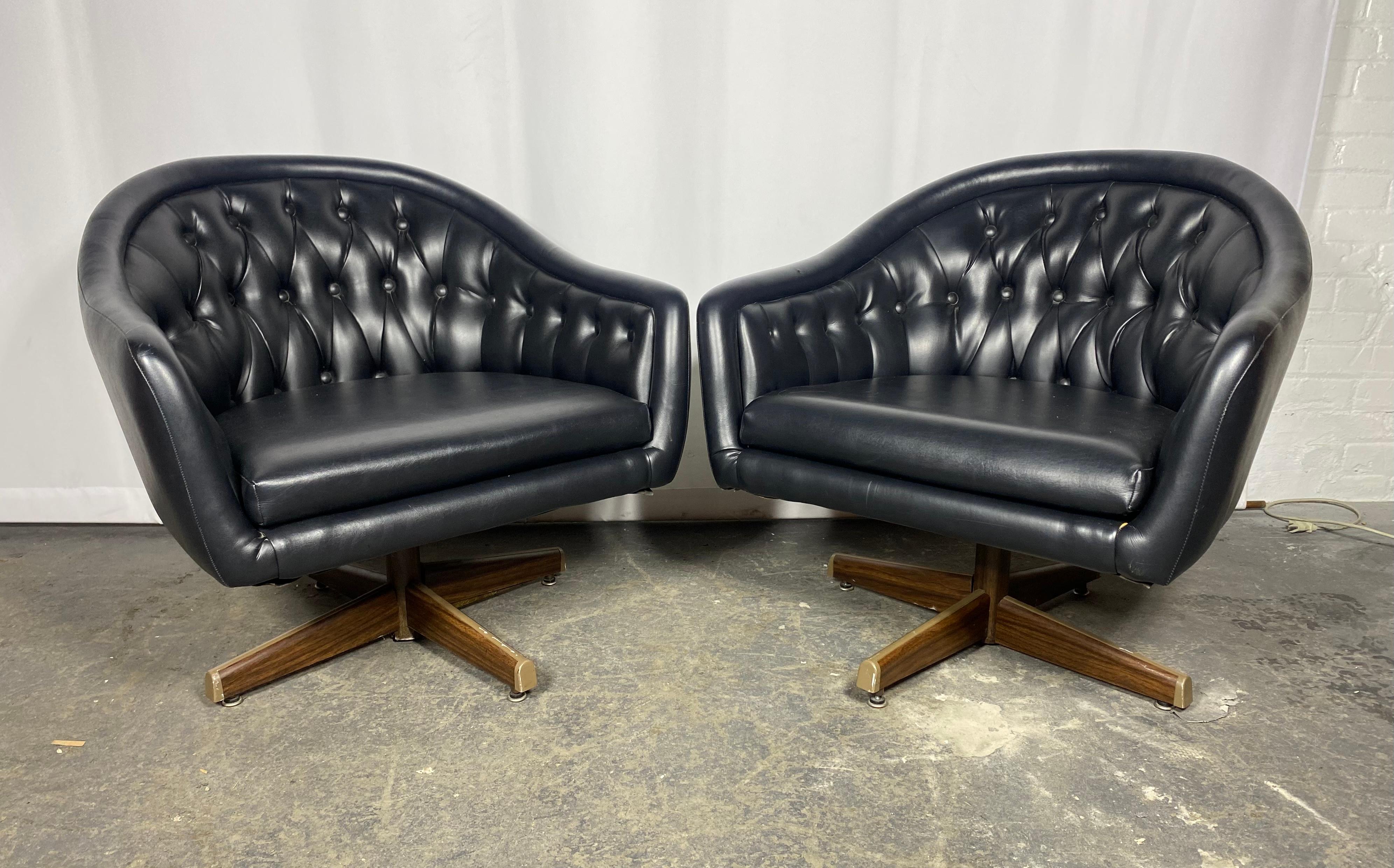 American Pair of Chromcraft Black Tufted Swivel Lounge Chairs.. Ward Bennett For Sale