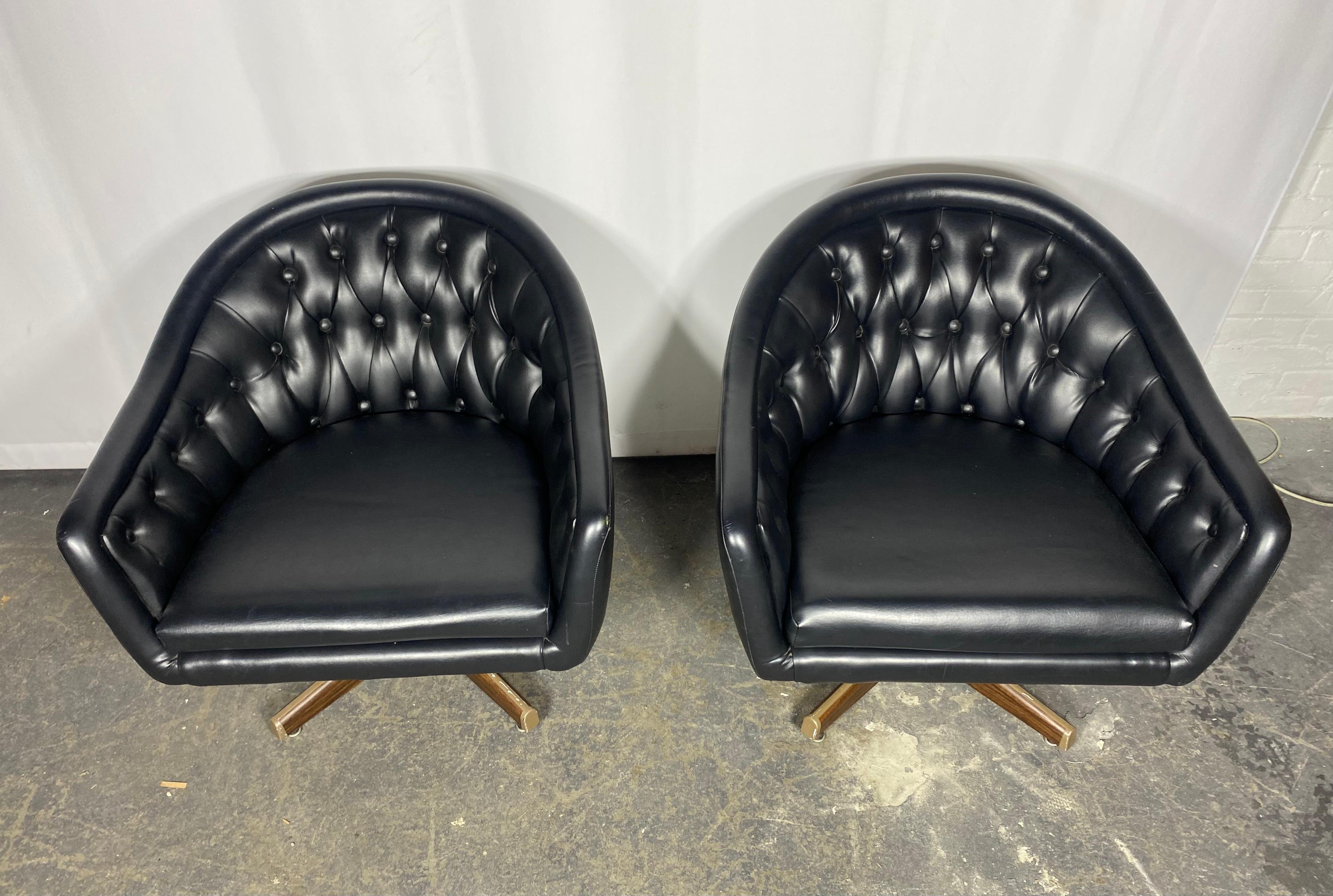 Pair of Chromcraft Black Tufted Swivel Lounge Chairs.. Ward Bennett For Sale 1