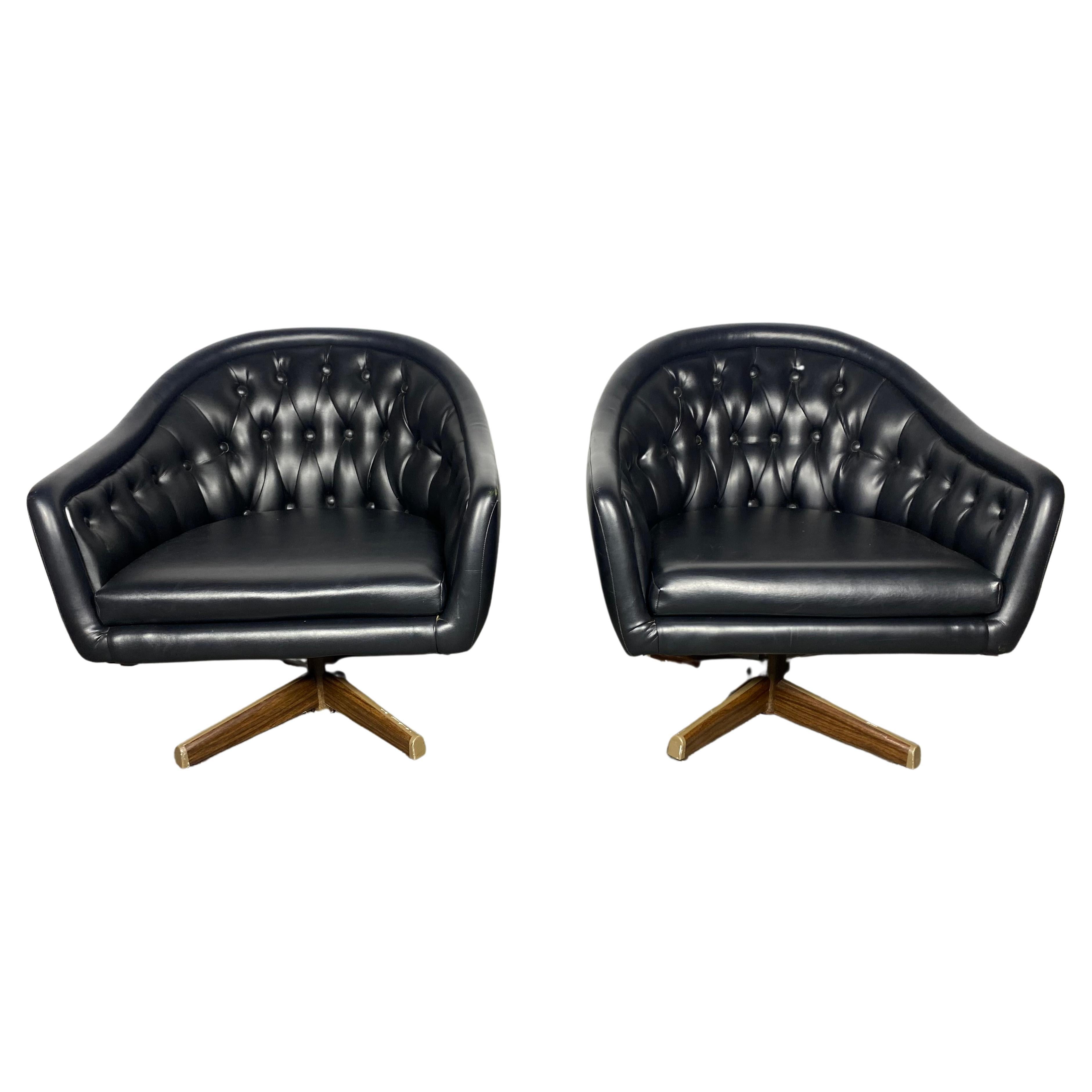 Pair of Chromcraft Black Tufted Swivel Lounge Chairs.. Ward Bennett