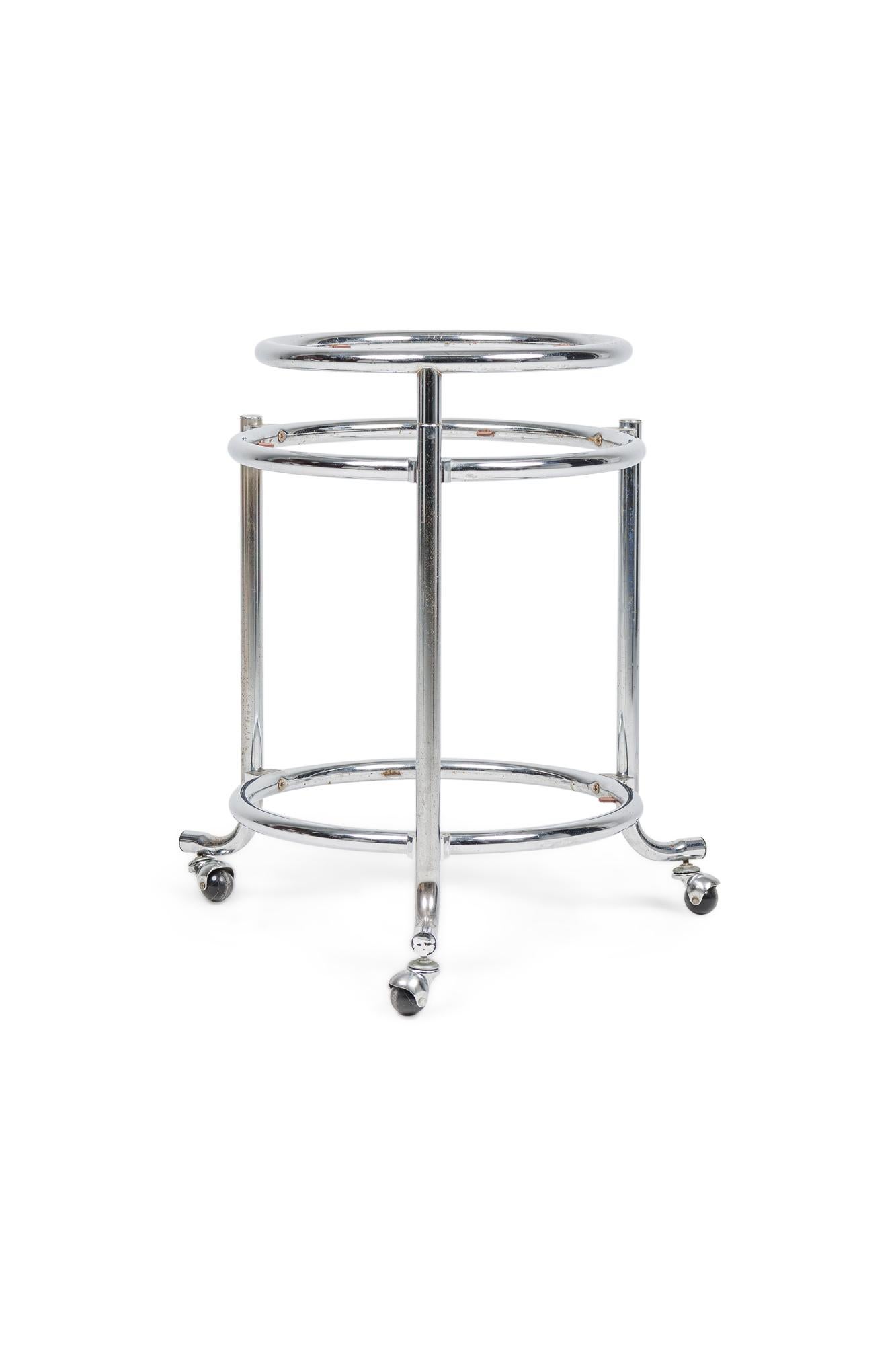 Hand-Crafted Pair of Chrome 3-Tier Rolling Swivel Side Table Attributed to Gilbert Rohde For Sale