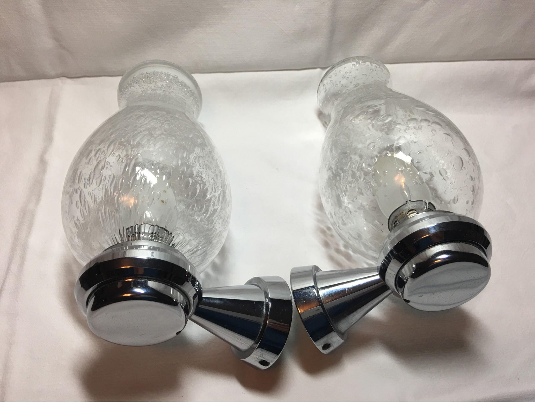 German Pair of Chrome and Air Bubble Glass Vanity Sconces, 1970s For Sale