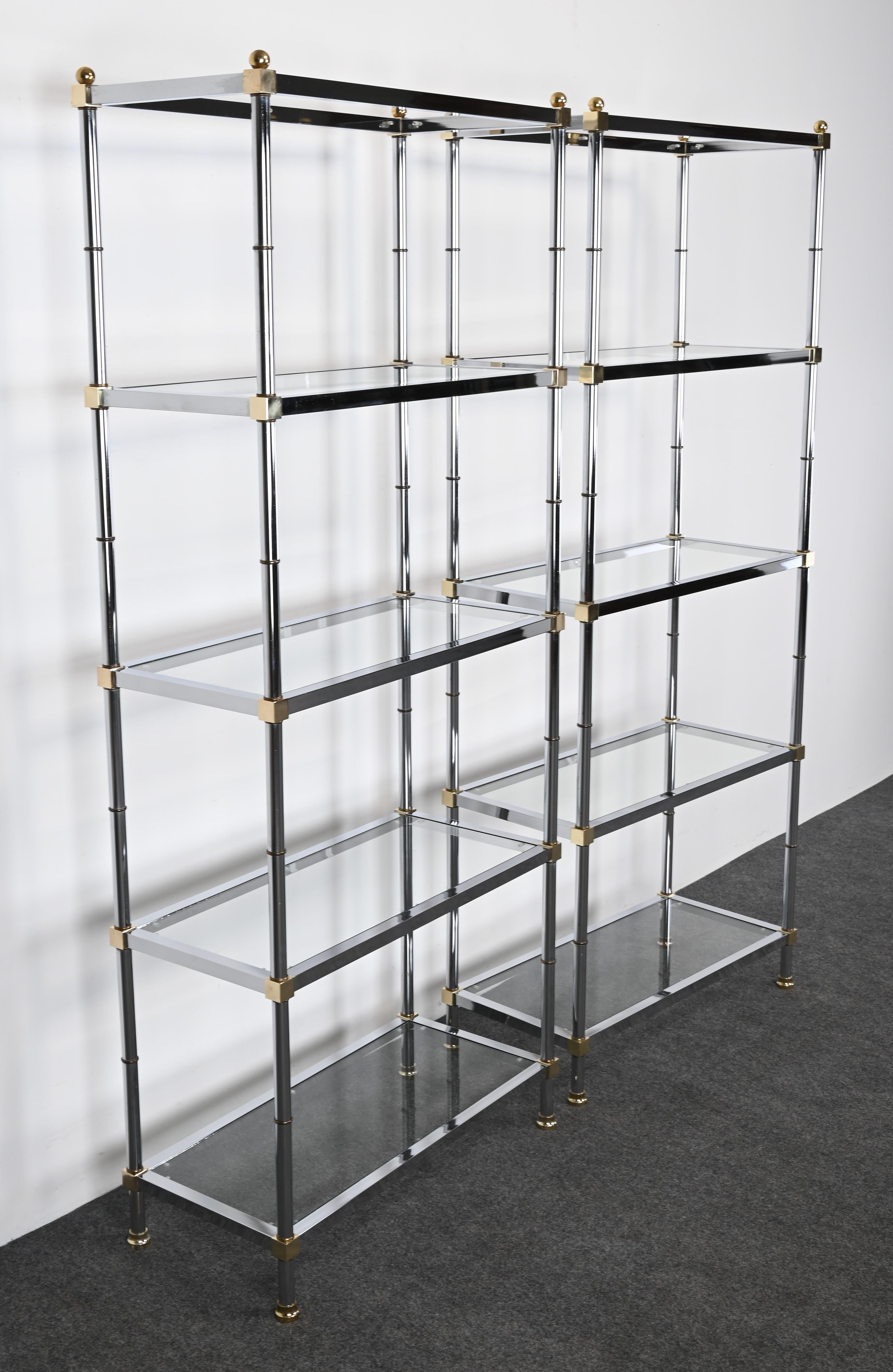 Pair of Chrome and Brass Etageres or Shelves, 1970s 8