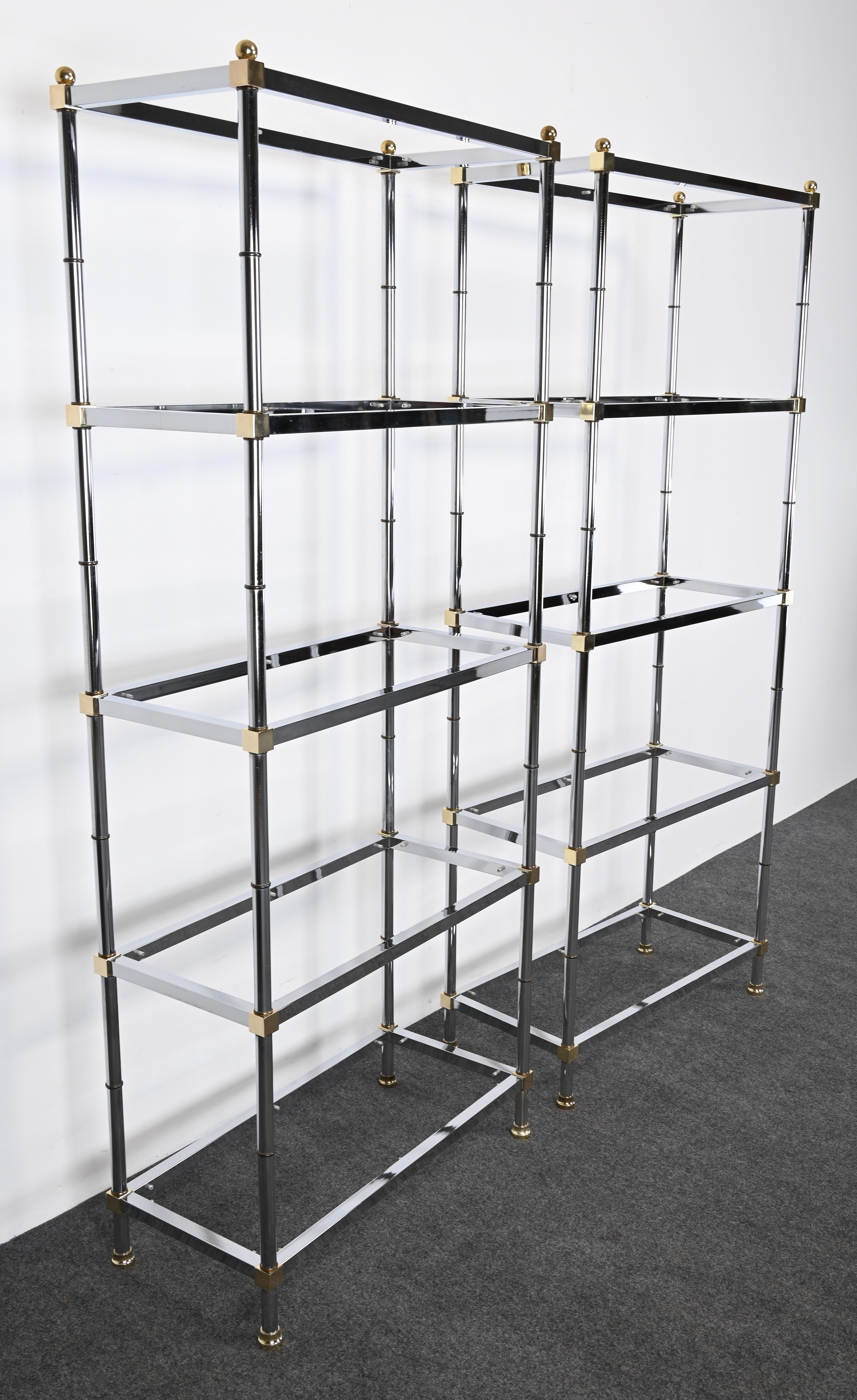 American Pair of Chrome and Brass Etageres or Shelves, 1970s