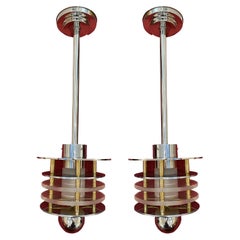 Pair of Chrome and Brass Mid-Century Pendant Lights