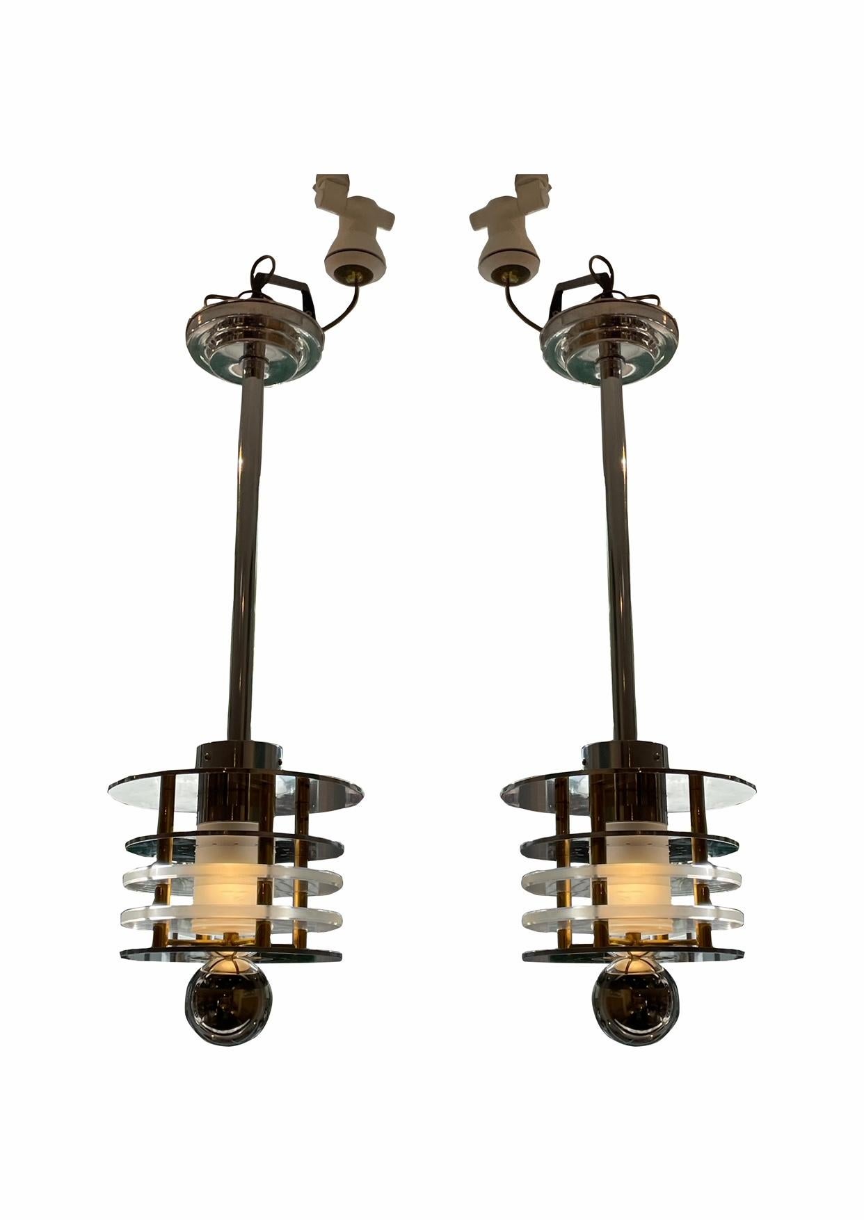 Pair of Chrome and Brass Mid-Century Pendant Lights