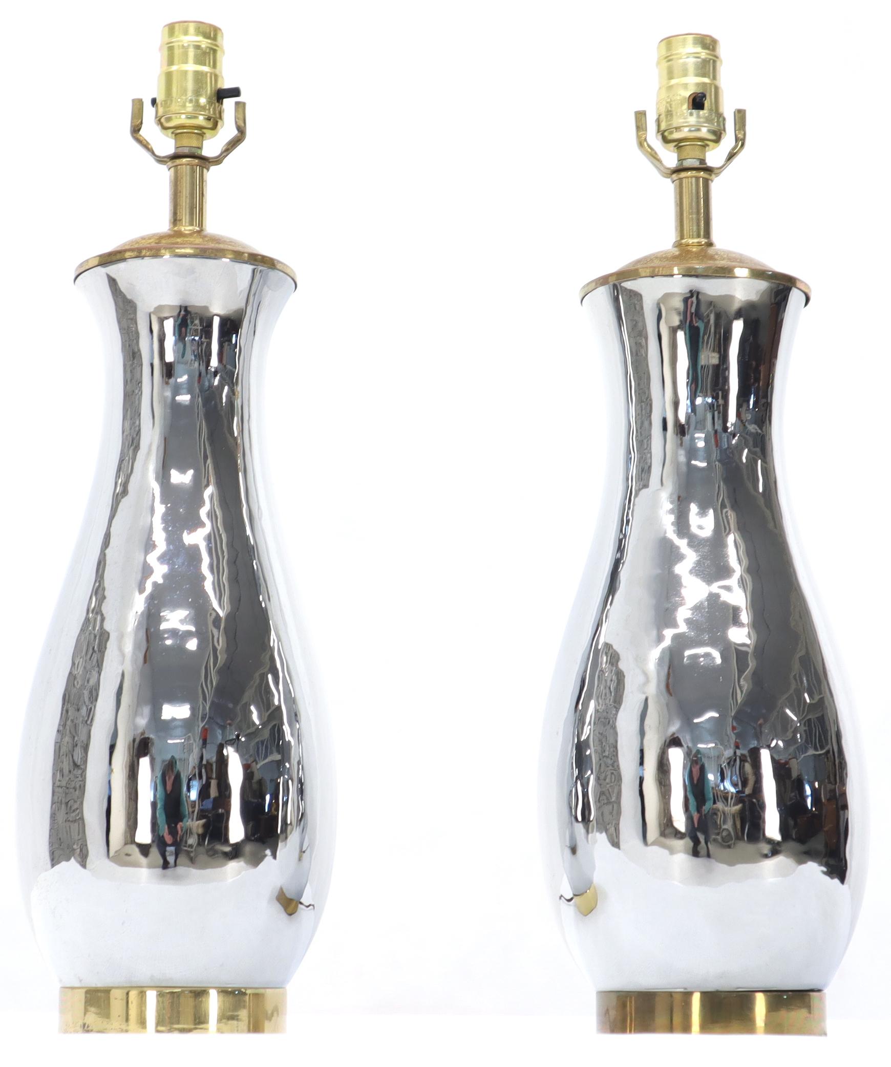 American Pair of Chrome and Brass Vase Shape Table Lamps For Sale