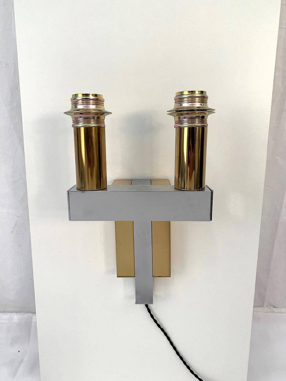 Pair of Chrome and Brass Wall Lights in the Style of Willy Rizzo, 1970s For Sale 1