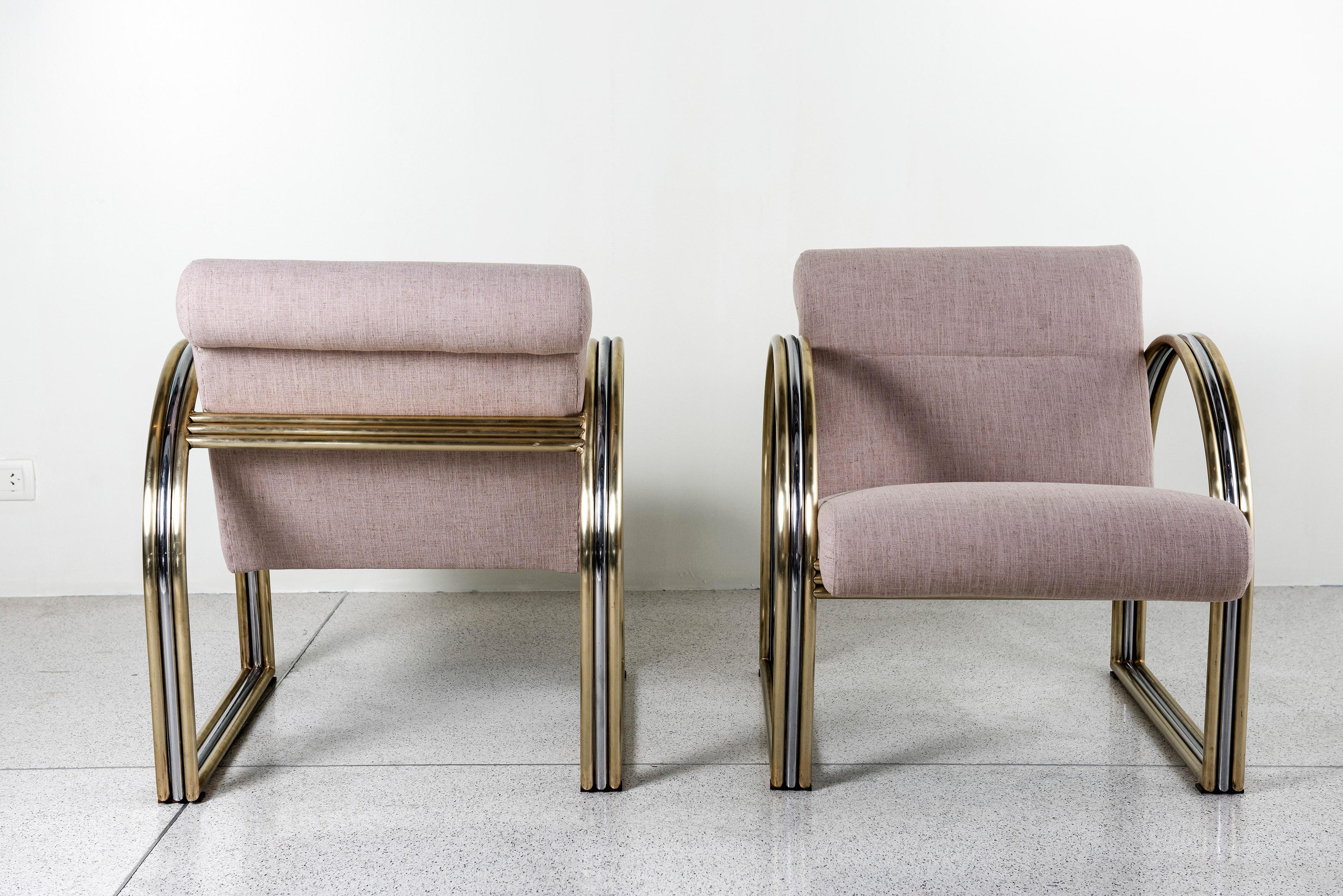 Mid-Century Modern Pair of Chrome and Bronze Armchairs For Sale
