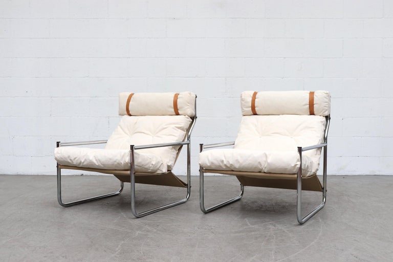 Pair of Chrome and Canvas Lounge Chairs with Headrests at 1stDibs