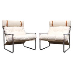 Vintage Pair of Chrome and Canvas Lounge Chairs with Headrests