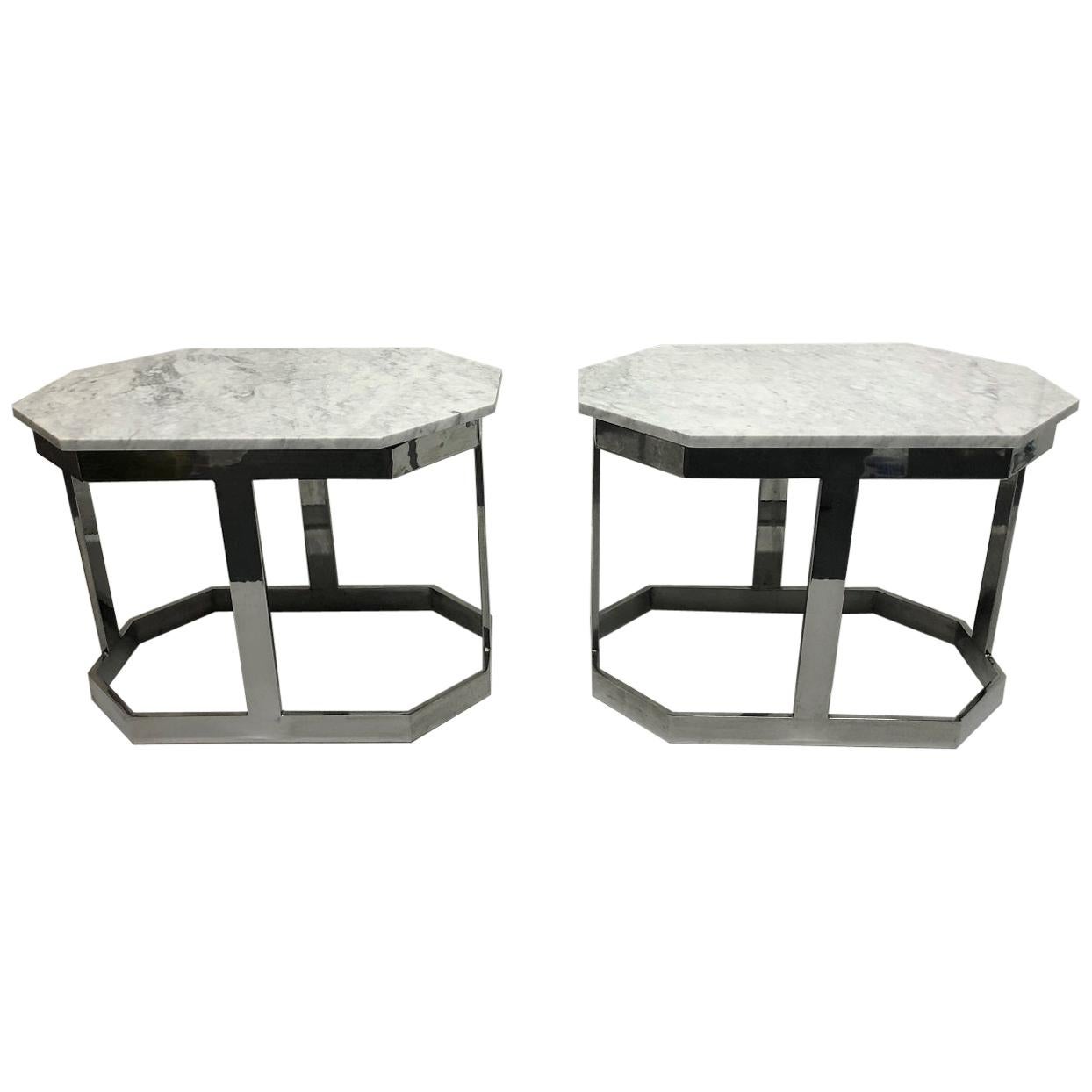 Pair of Chrome and Carrara Marble Octagonal Top Tables For Sale