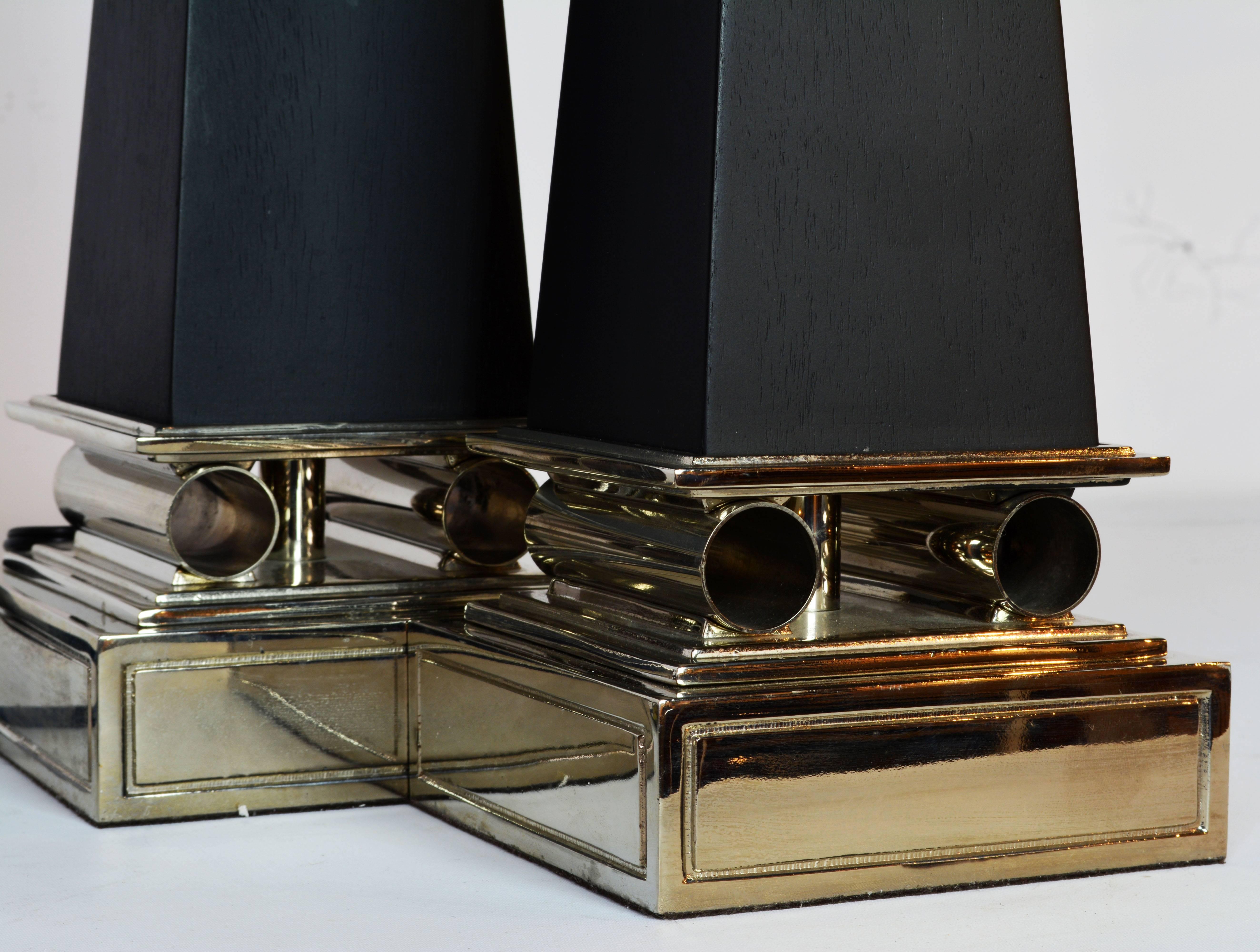 Pair of Chrome and Ebonized Wood Obelisk Lamps by Tommi Parzinger for Stiffel 4