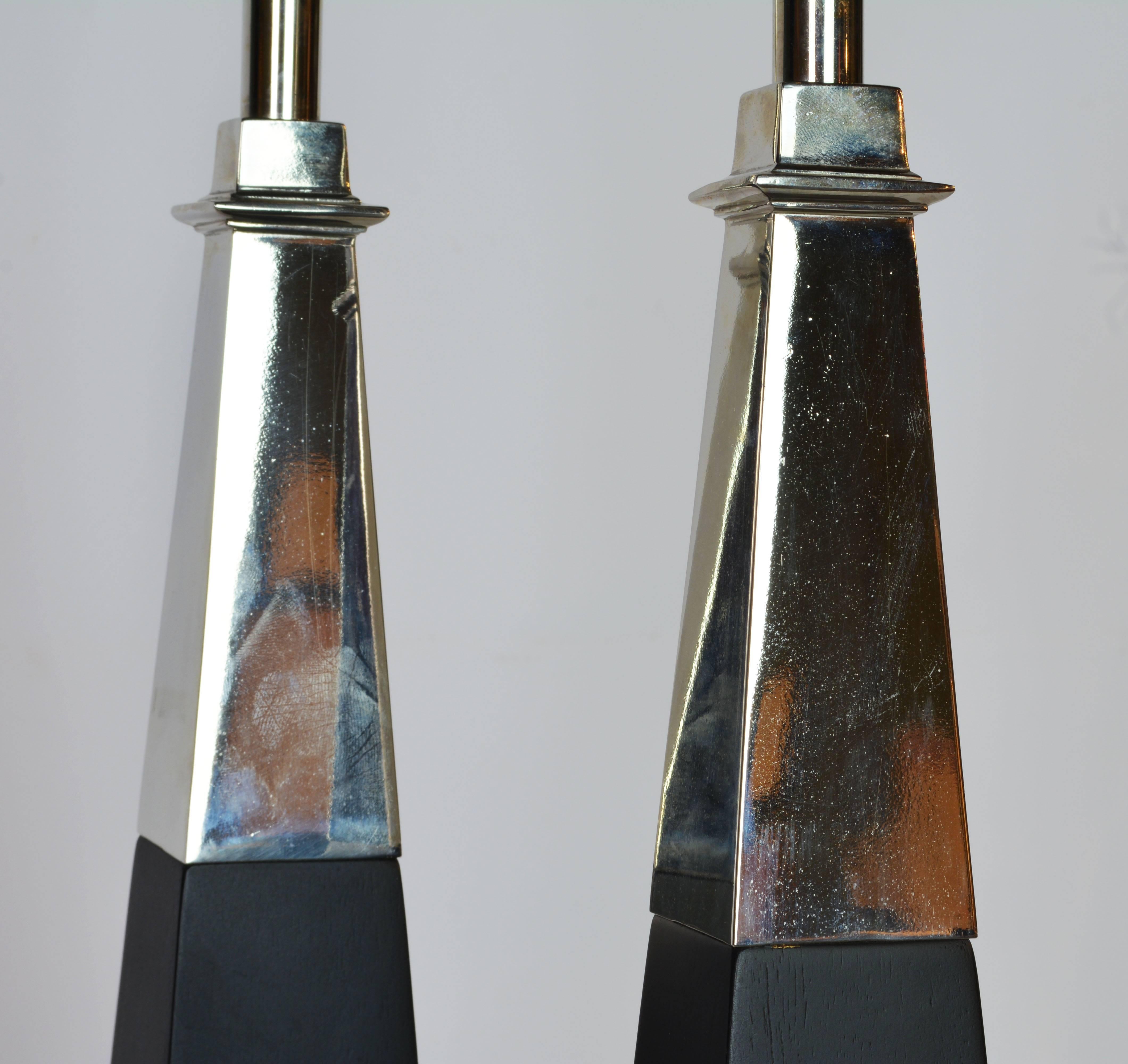 American Pair of Chrome and Ebonized Wood Obelisk Lamps by Tommi Parzinger for Stiffel