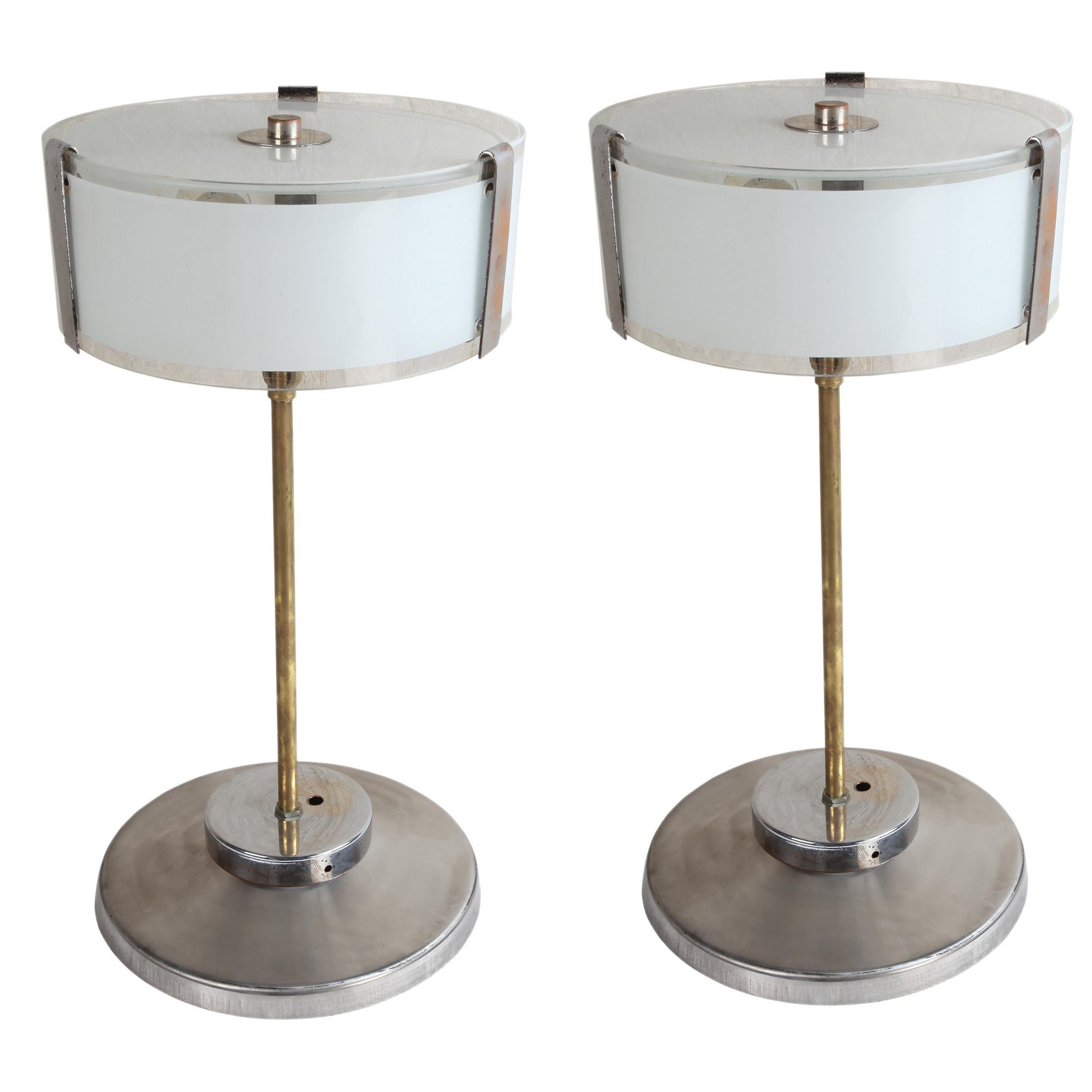Pair of Chrome and Frosted Glass Mid-Century Modern Table Lamps or Pendants For Sale