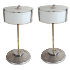 Pair of Chrome and Frosted Glass Mid-Century Modern Table Lamps or Pendants