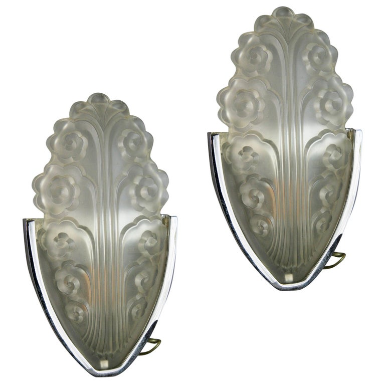Pair of Chrome and Glass Deco Style Sconces For Sale