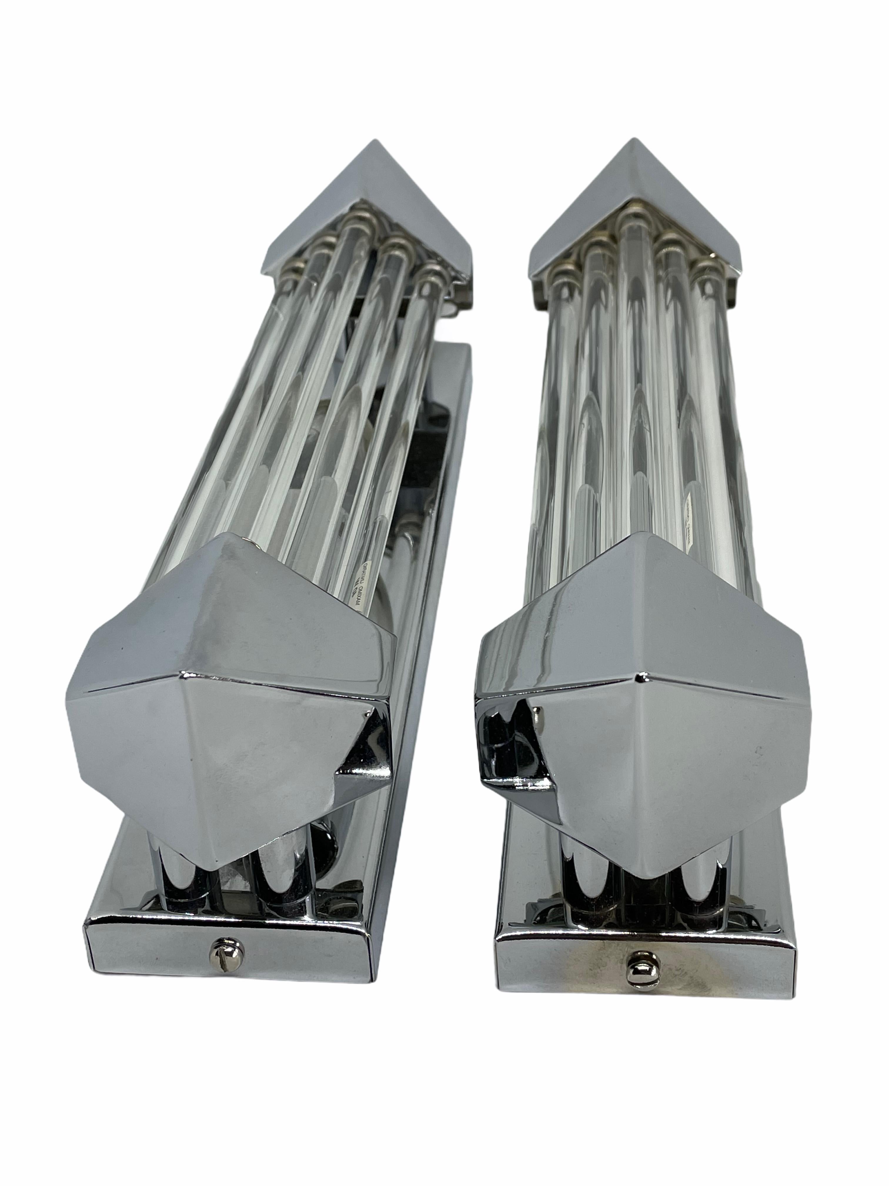 Pair of Chrome and Glass Rod Wall Sconces Art Deco Style, Honsel, Germany For Sale 2