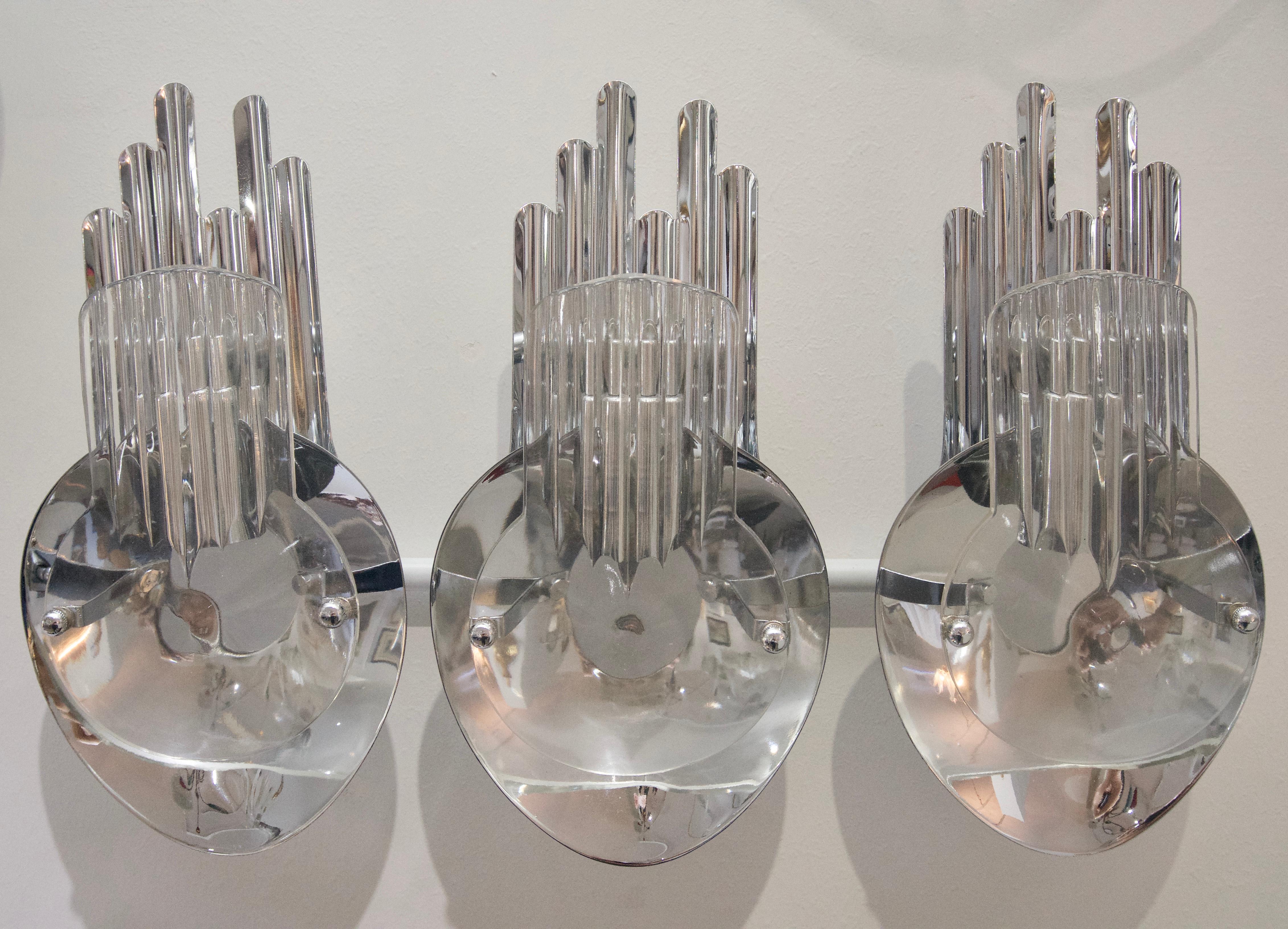 Mid-Century Modern Pair of Chrome and Glass Sconces For Sale