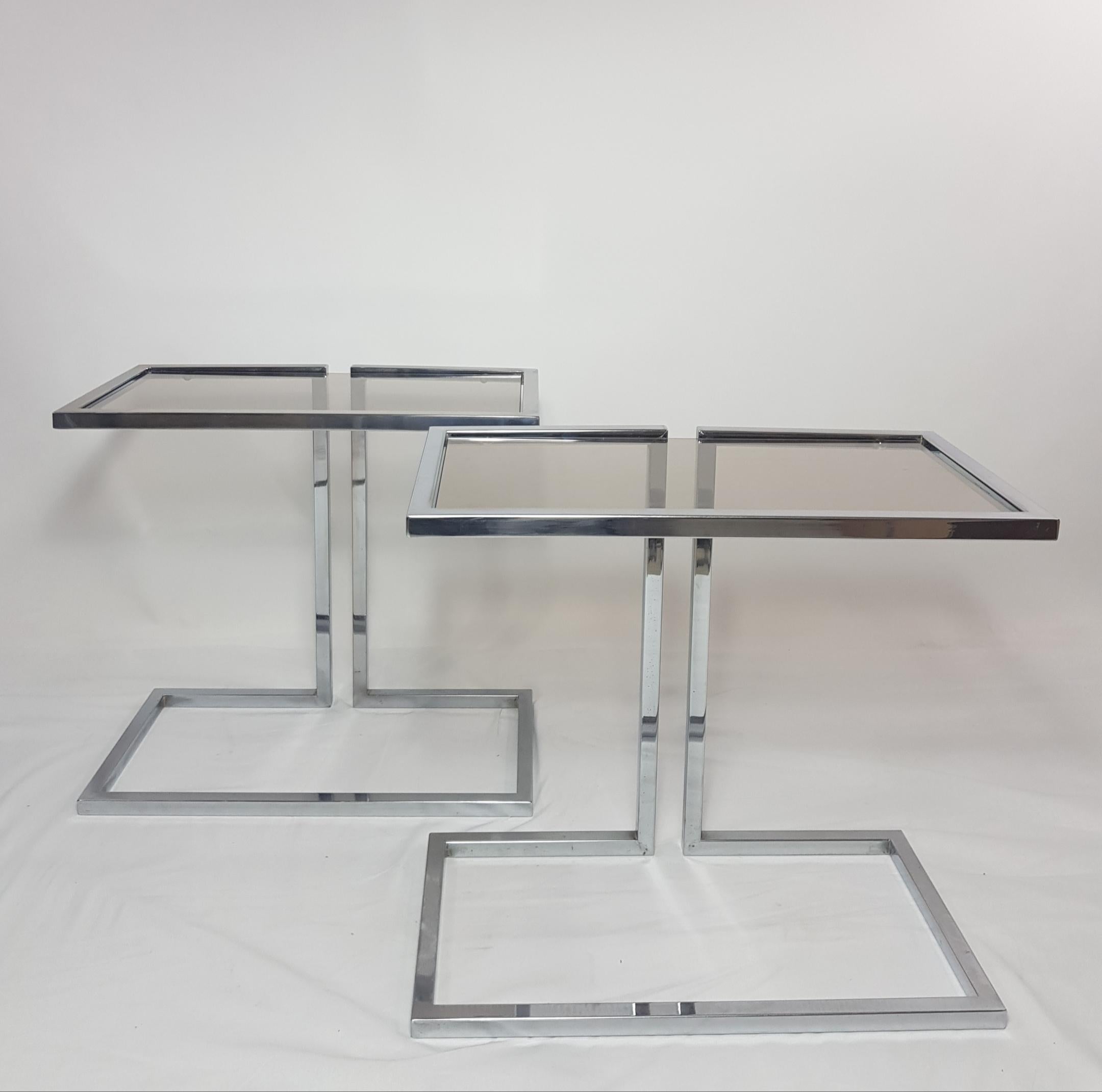 European Pair of Chrome and Glass Sofa Side Tables, 1970s For Sale